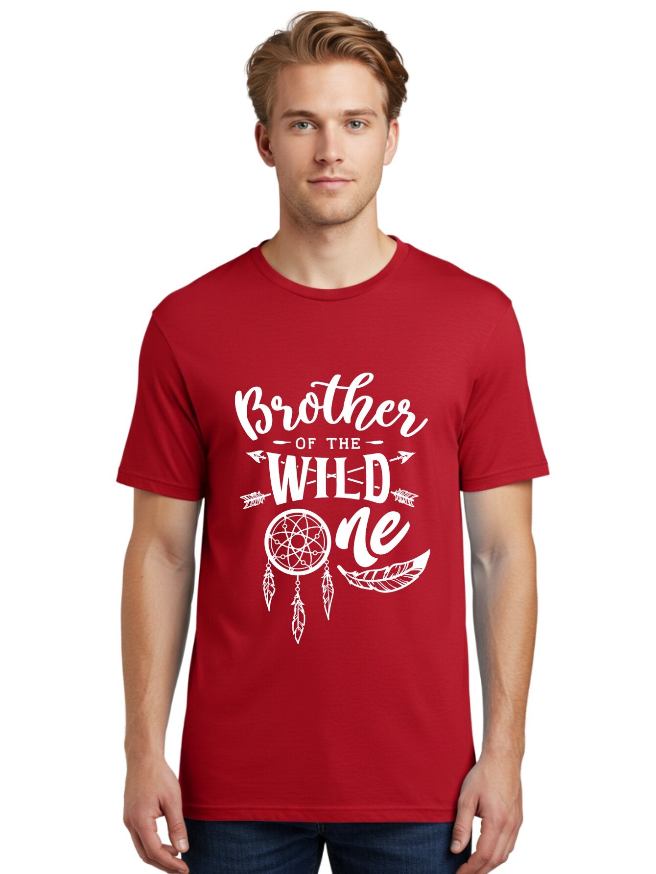 Brother Of The Wild One White Men'S Graphic Tee, 100% Cotton, Comfortable Casual Summer Wear, Machine Washable, Brother Of The Wild One, Dreamcatcher, Feathers, Bohemian Style, Tribal Design, Sibling Love, Wild Child, Sibling Pride Aae160 29