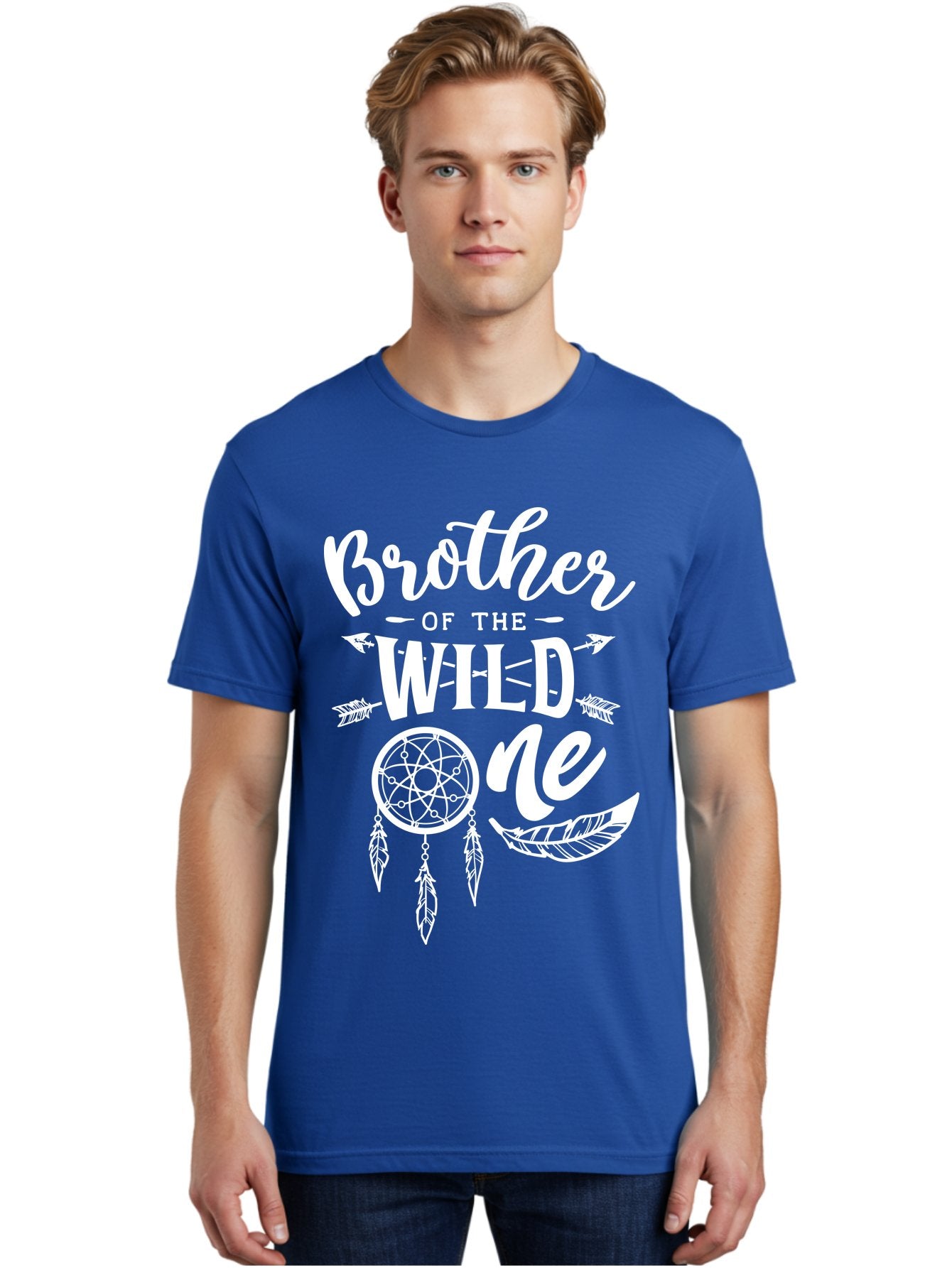 Brother Of The Wild One White Men'S Graphic Tee, 100% Cotton, Comfortable Casual Summer Wear, Machine Washable, Brother Of The Wild One, Dreamcatcher, Feathers, Bohemian Style, Tribal Design, Sibling Love, Wild Child, Sibling Pride Aae160 23