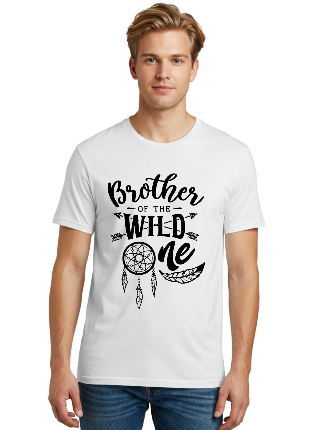 Brother Of The Wild One Men'S Graphic Tee, 100% Cotton, Comfortable Casual Summer Wear, Machine Washable, Brother Of The Wild One, Dreamcatcher, Feathers, Arrows, Bohemian Style, Sibling Love, Tribal Design, Family Bonding Aae161 26