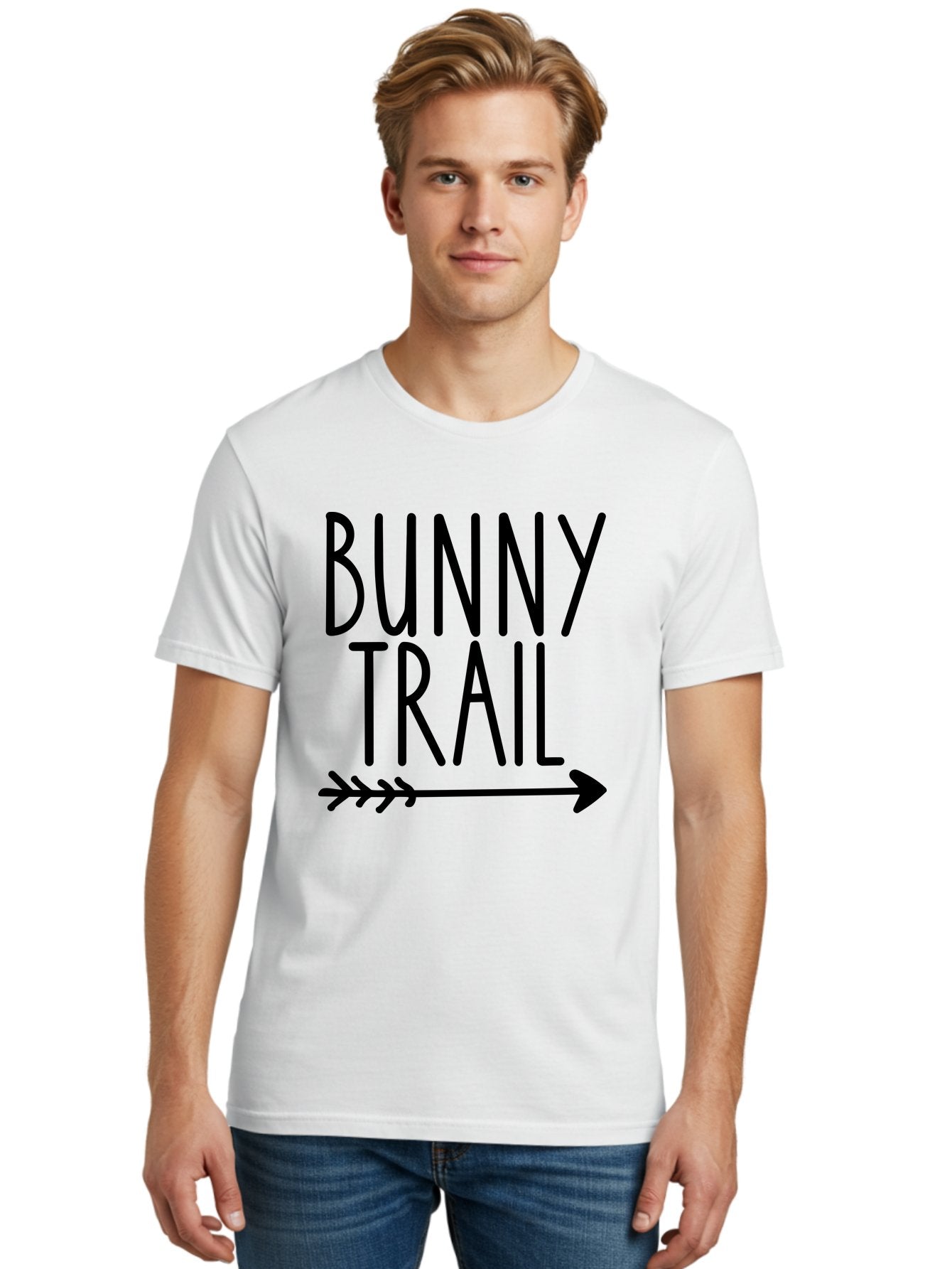 Bunny Trail This Way Men'S Graphic Tee, 100% Cotton, Comfortable Casual Summer Wear, Machine Washable, Bunny Trail, Arrow Graphic, Directional Signage, Playful Design, Whimsical Theme, Black Text, Bold Font, Graphic Illustration, Easter Theme, Aae162 16