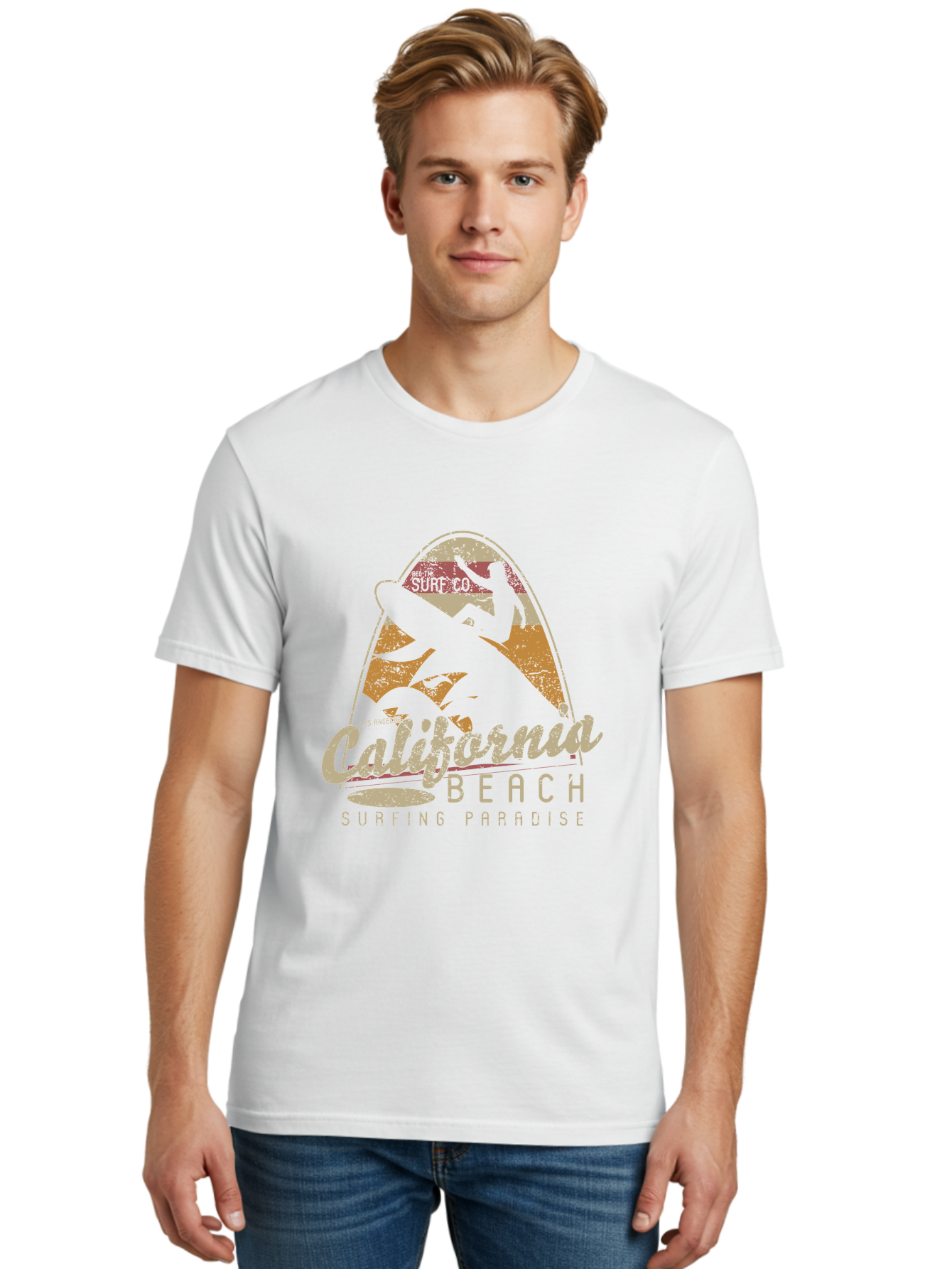 California Beach Surfing Paradise Men'S Graphic Tee, 100% Cotton, Comfortable Casual Summer Wear, Machine Washable, Surfer Riding Wave, California Beach Scene, Surfing Culture, Beach Lifestyle, Surfboard Graphic, Coastal Vibes, Paradise Found, Aae166