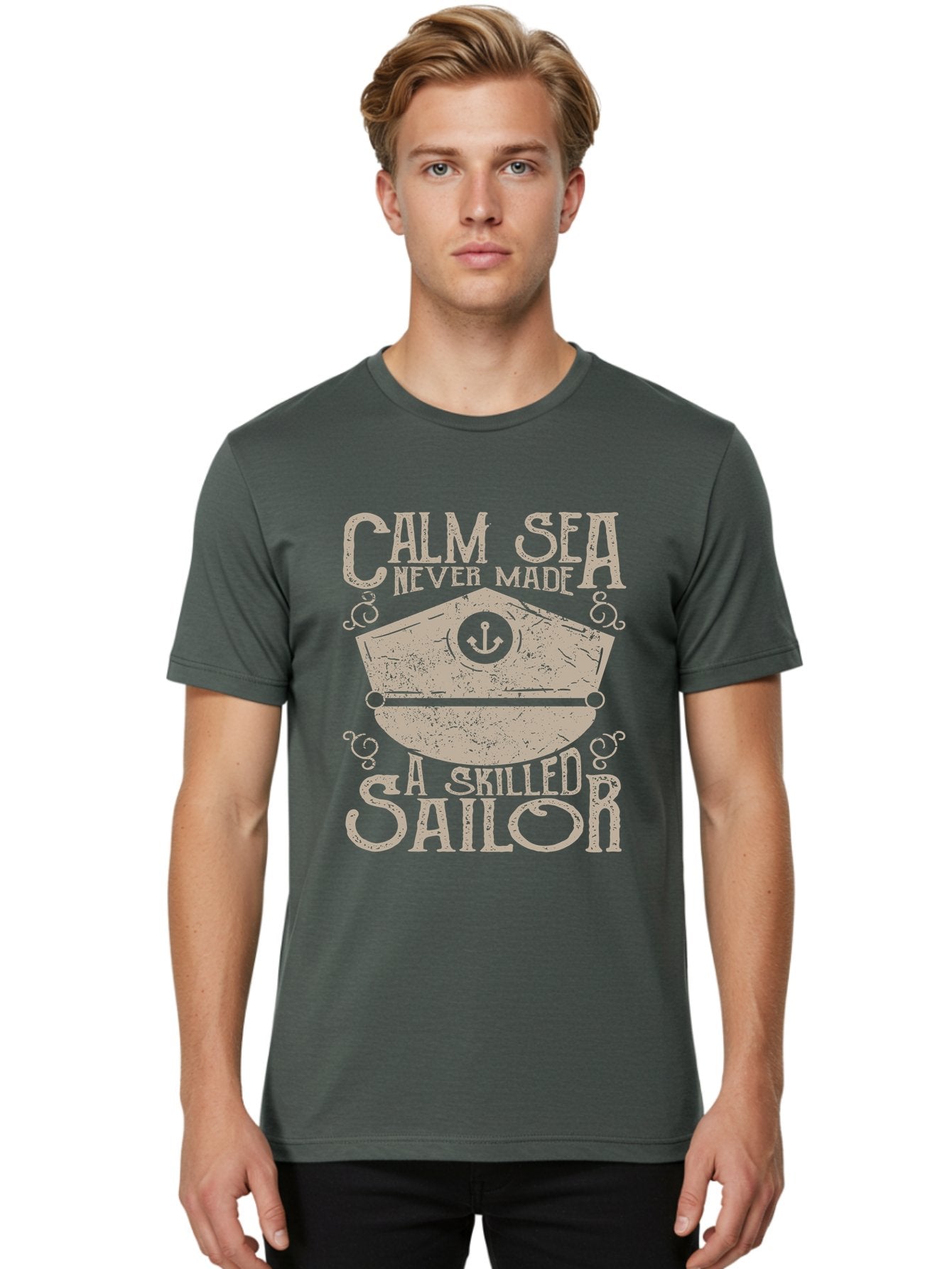 Calm Sea -Men Men'S Graphic Tee, 100% Cotton, Comfortable Casual Summer Wear, Machine Washable, Sailor Quote, Nautical Theme, Motivational Phrase, Captain Hat, Anchor Symbol, Sailing Inspiration, Distressed Design, Typography Art Aae167 30