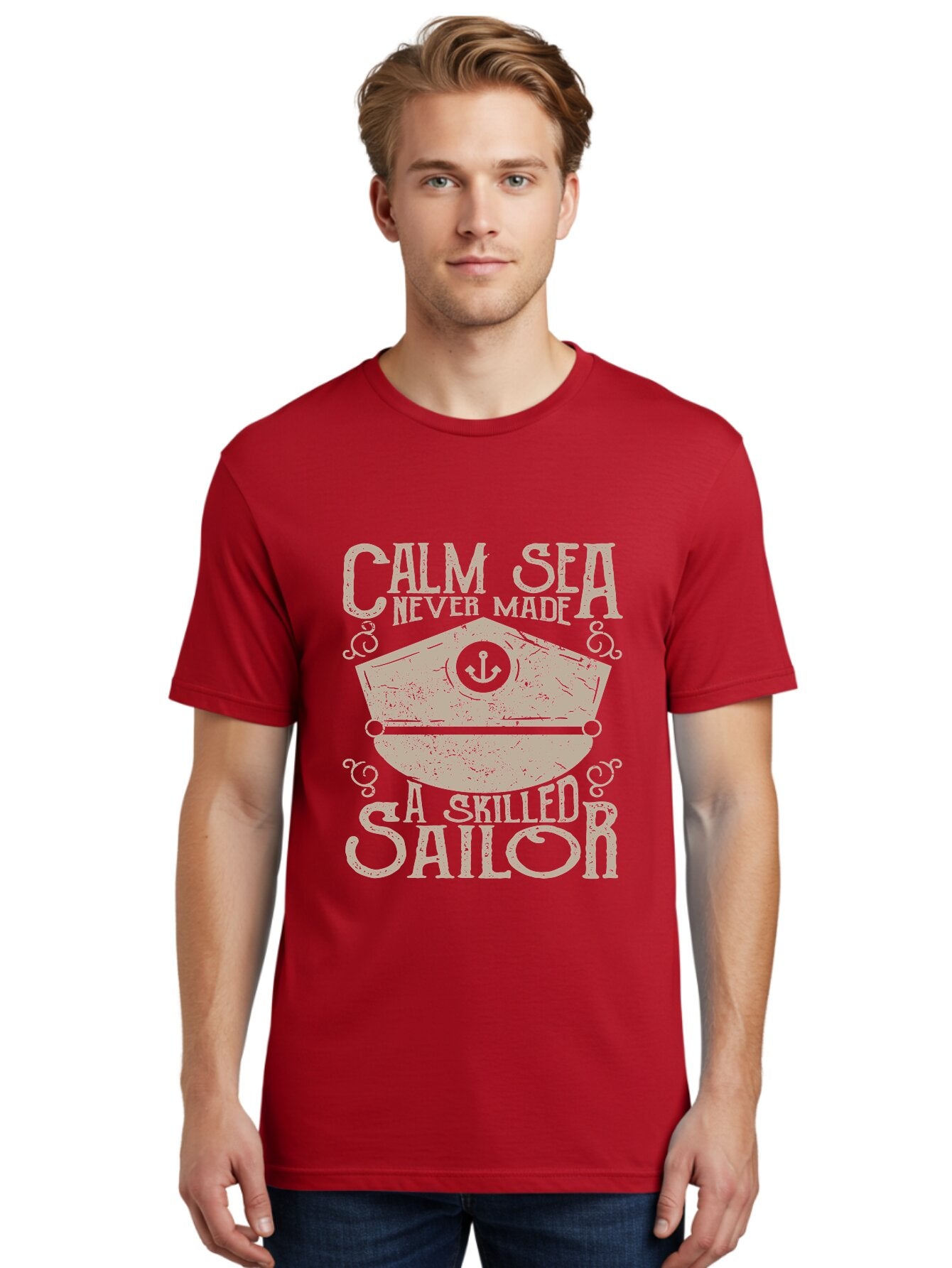 Calm Sea -Men Men'S Graphic Tee, 100% Cotton, Comfortable Casual Summer Wear, Machine Washable, Sailor Quote, Nautical Theme, Motivational Phrase, Captain Hat, Anchor Symbol, Sailing Inspiration, Distressed Design, Typography Art Aae167 28