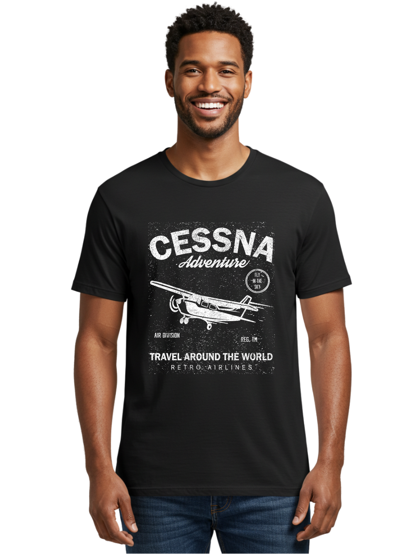Cessna Distressed -Men Men'S Graphic Tee, 100% Cotton, Comfortable Casual Summer Wear, Machine Washable, Cessna Airplane, Adventure Travel, Retro Airlines, Fly In The Sky, Air Division, Travel Around The World, Vintage Aviation Aae175