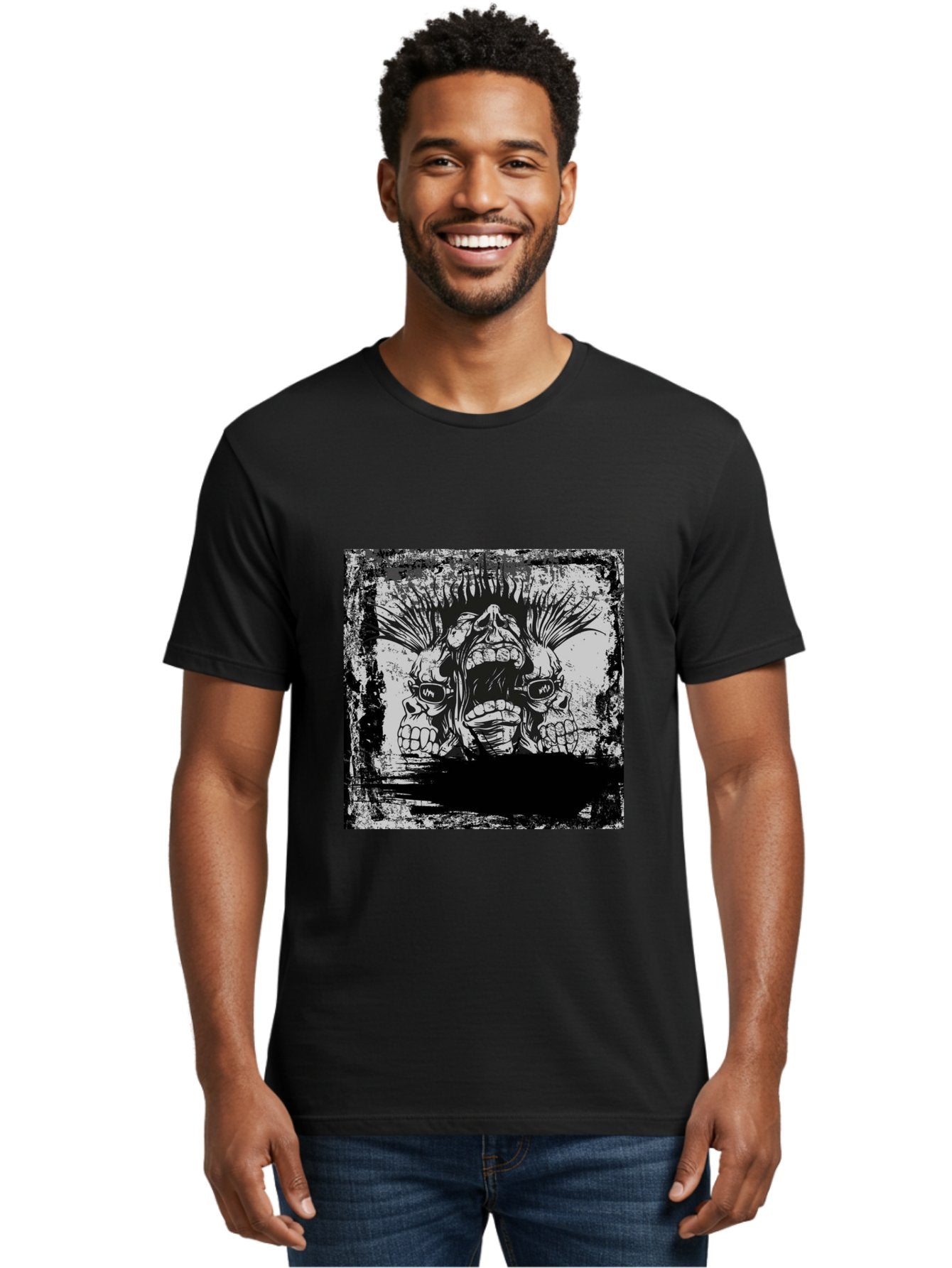 Chaos Triplet Men'S Graphic Tee, 100% Cotton, Comfortable Casual Summer Wear, Machine Washable, Punk Rock Art, Grunge Aesthetic, Triple Skull Head, Mohawk Hairstyle, Aggressive Vibe, Skull Art, Black And White Illustration, Punk Culture, Aae177 19