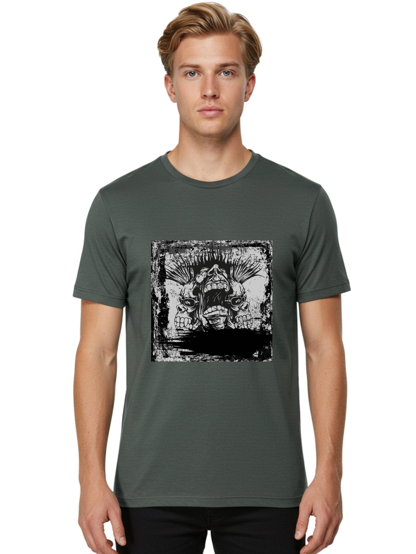 Chaos Triplet Men'S Graphic Tee, 100% Cotton, Comfortable Casual Summer Wear, Machine Washable, Punk Rock Art, Grunge Aesthetic, Triple Skull Head, Mohawk Hairstyle, Aggressive Vibe, Skull Art, Black And White Illustration, Punk Culture, Aae177 24