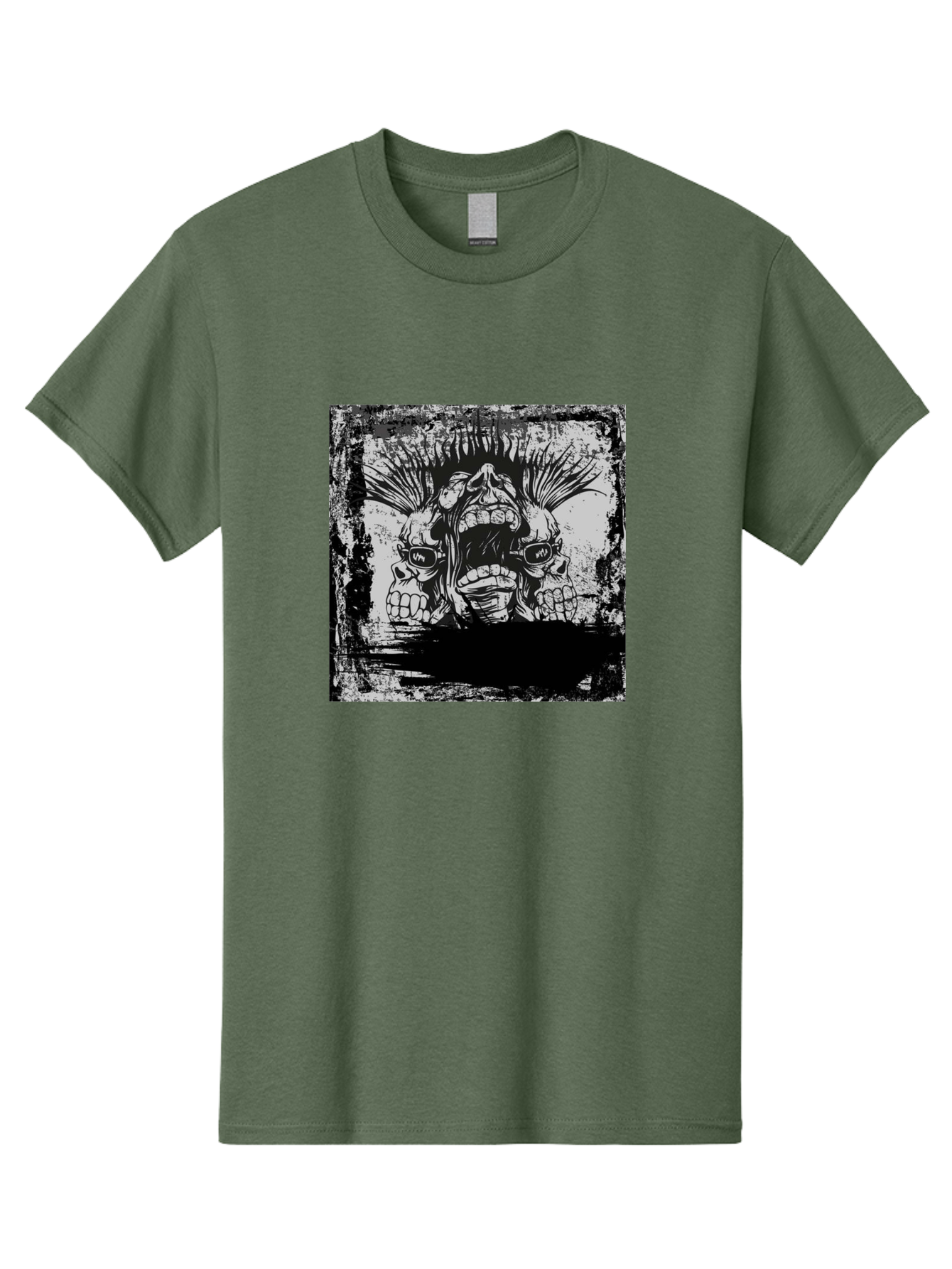 Chaos Triplet Men'S Graphic Tee, 100% Cotton, Comfortable Casual Summer Wear, Machine Washable, Punk Rock Art, Grunge Aesthetic, Triple Skull Head, Mohawk Hairstyle, Aggressive Vibe, Skull Art, Black And White Illustration, Punk Culture, Aae177