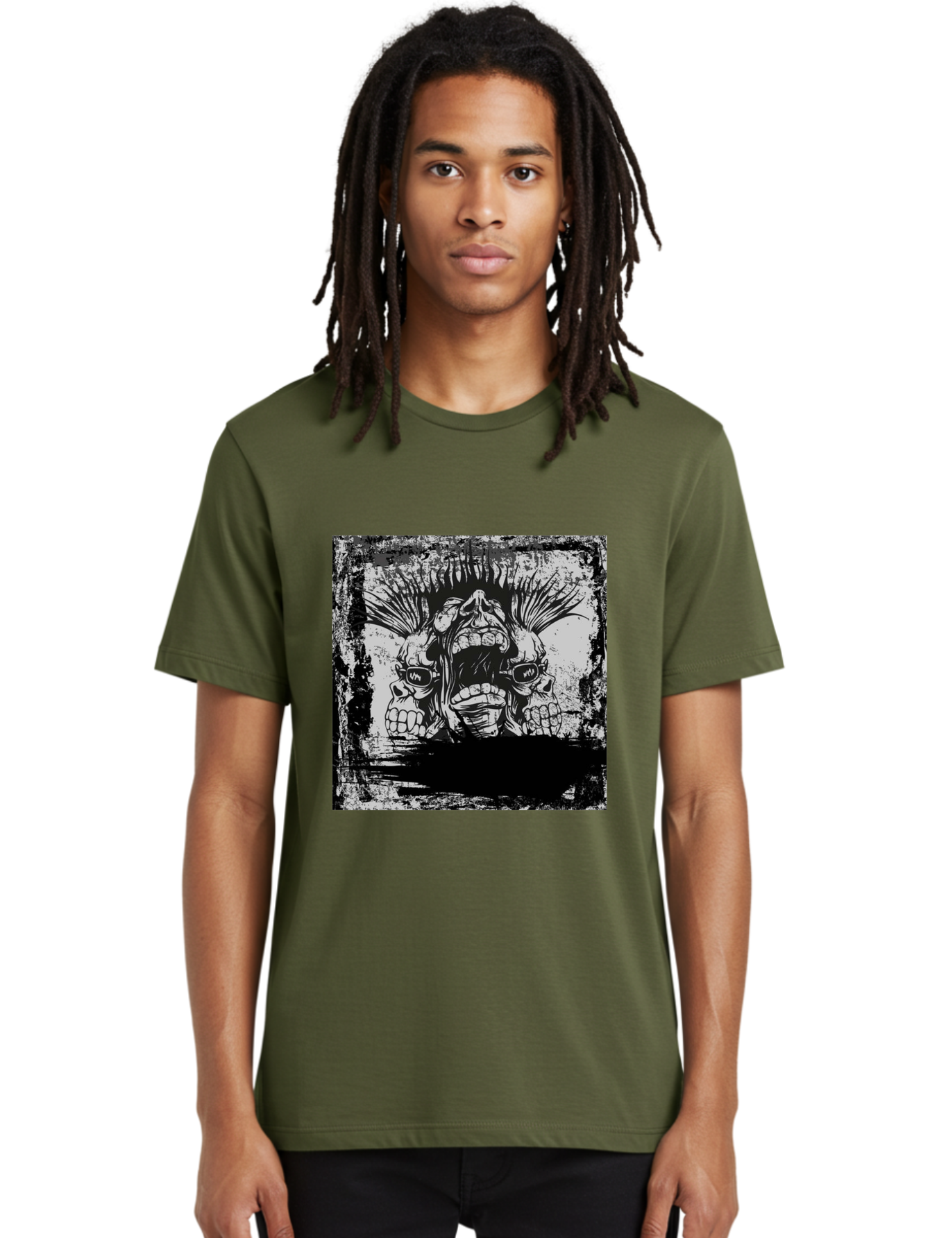 Chaos Triplet Men'S Graphic Tee, 100% Cotton, Comfortable Casual Summer Wear, Machine Washable, Punk Rock Art, Grunge Aesthetic, Triple Skull Head, Mohawk Hairstyle, Aggressive Vibe, Skull Art, Black And White Illustration, Punk Culture, Aae177