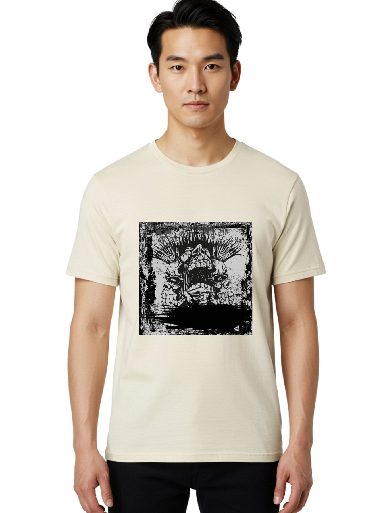 Chaos Triplet Men'S Graphic Tee, 100% Cotton, Comfortable Casual Summer Wear, Machine Washable, Punk Rock Art, Grunge Aesthetic, Triple Skull Head, Mohawk Hairstyle, Aggressive Vibe, Skull Art, Black And White Illustration, Punk Culture, Aae177 27