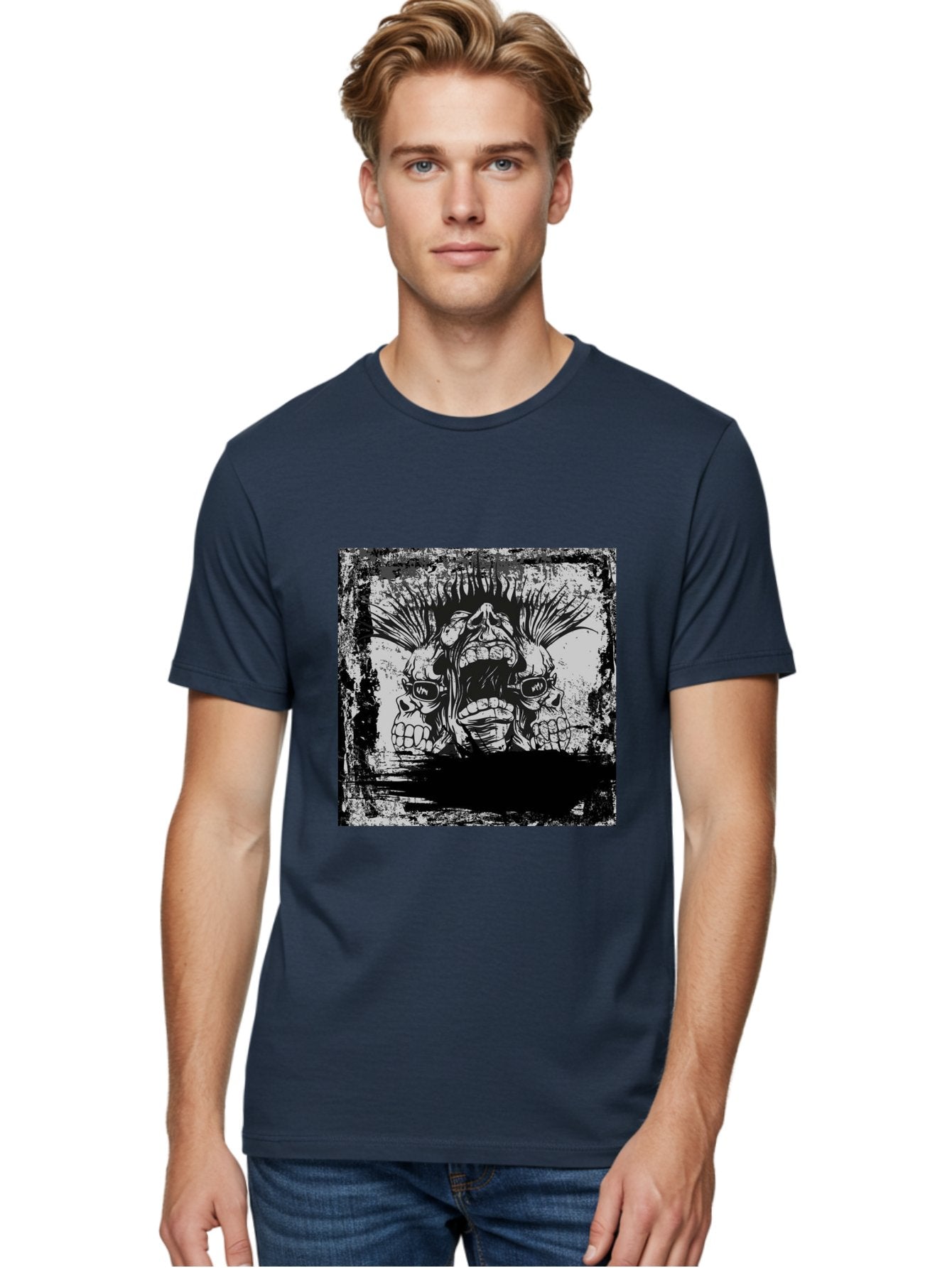 Chaos Triplet Men'S Graphic Tee, 100% Cotton, Comfortable Casual Summer Wear, Machine Washable, Punk Rock Art, Grunge Aesthetic, Triple Skull Head, Mohawk Hairstyle, Aggressive Vibe, Skull Art, Black And White Illustration, Punk Culture, Aae177 23