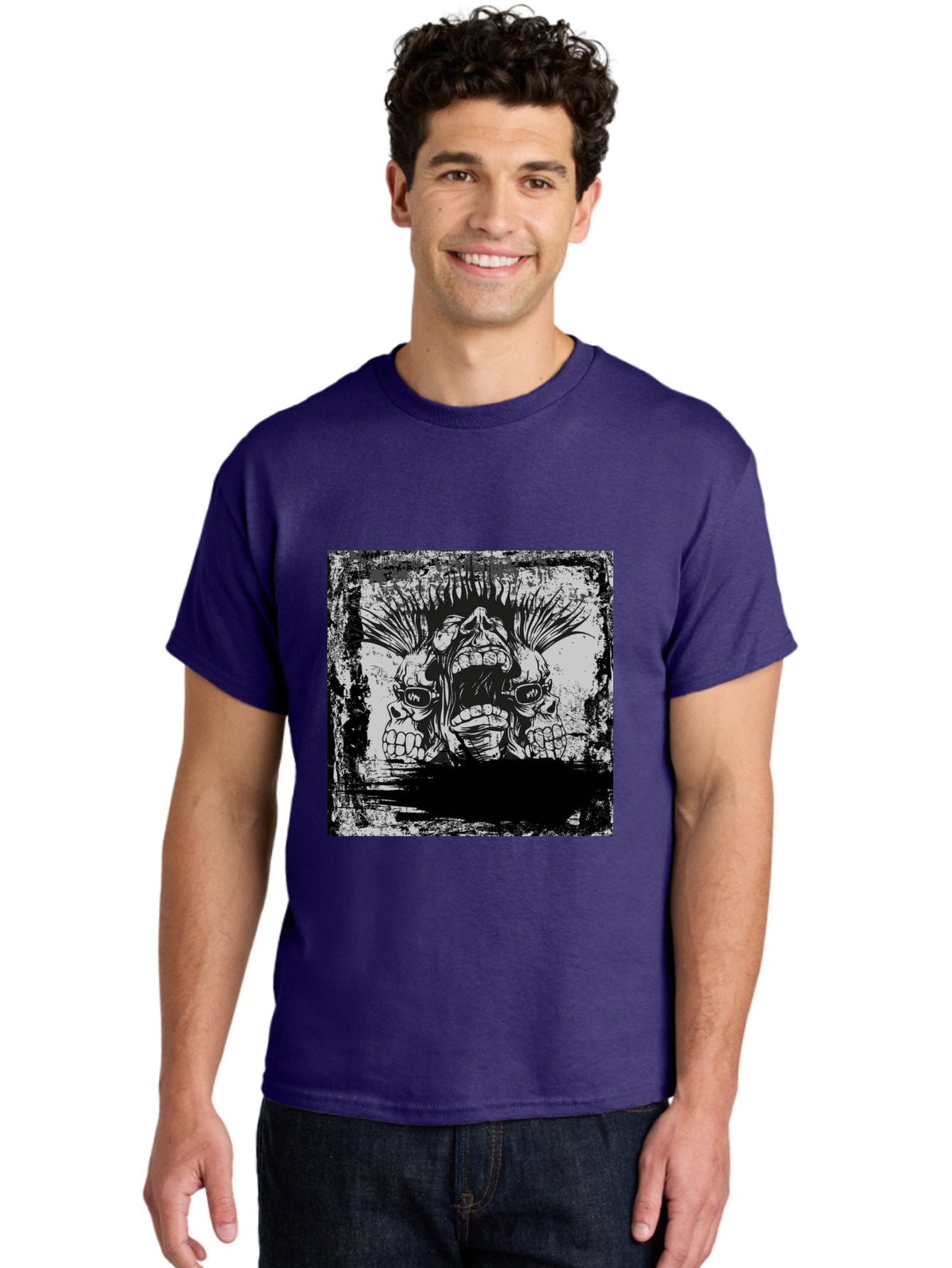 Chaos Triplet Men'S Graphic Tee, 100% Cotton, Comfortable Casual Summer Wear, Machine Washable, Punk Rock Art, Grunge Aesthetic, Triple Skull Head, Mohawk Hairstyle, Aggressive Vibe, Skull Art, Black And White Illustration, Punk Culture, Aae177 30