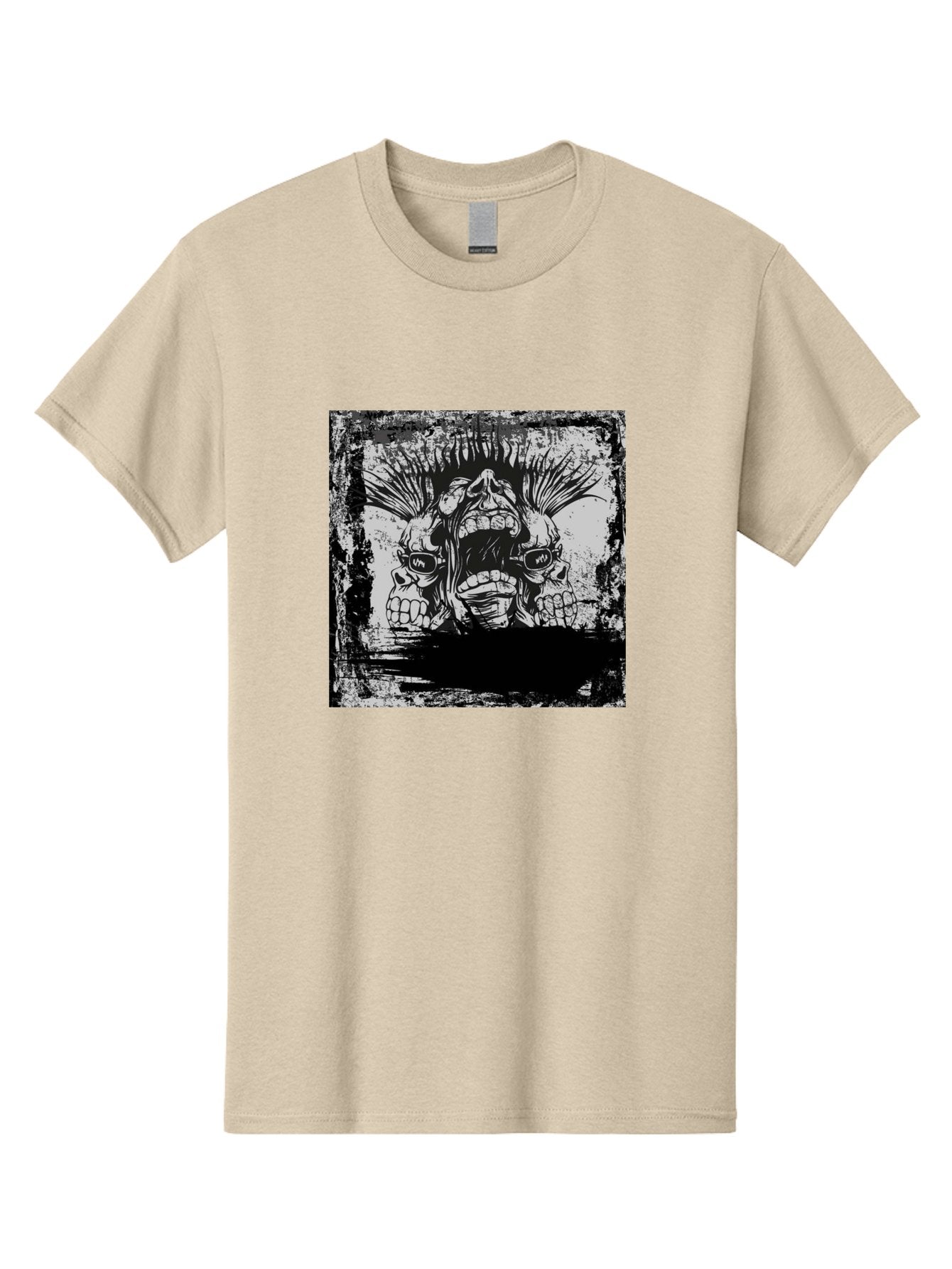 Chaos Triplet Men'S Graphic Tee, 100% Cotton, Comfortable Casual Summer Wear, Machine Washable, Punk Rock Art, Grunge Aesthetic, Triple Skull Head, Mohawk Hairstyle, Aggressive Vibe, Skull Art, Black And White Illustration, Punk Culture, Aae177 4