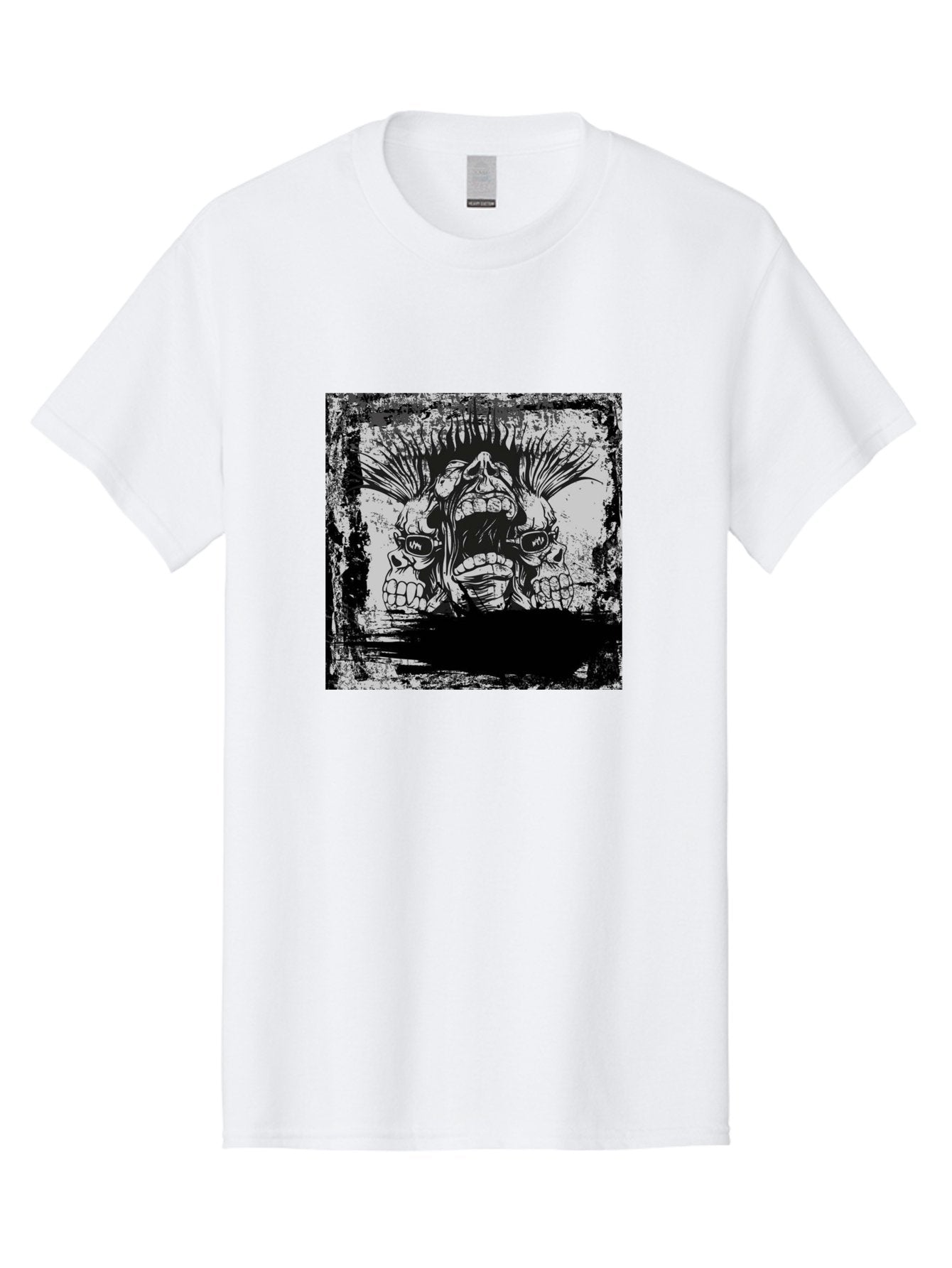 Chaos Triplet Men'S Graphic Tee, 100% Cotton, Comfortable Casual Summer Wear, Machine Washable, Punk Rock Art, Grunge Aesthetic, Triple Skull Head, Mohawk Hairstyle, Aggressive Vibe, Skull Art, Black And White Illustration, Punk Culture, Aae177 12