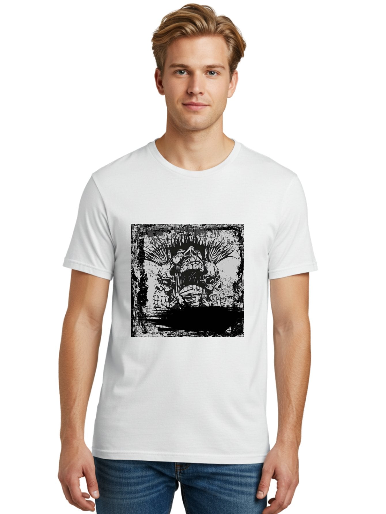 Chaos Triplet Men'S Graphic Tee, 100% Cotton, Comfortable Casual Summer Wear, Machine Washable, Punk Rock Art, Grunge Aesthetic, Triple Skull Head, Mohawk Hairstyle, Aggressive Vibe, Skull Art, Black And White Illustration, Punk Culture, Aae177 28
