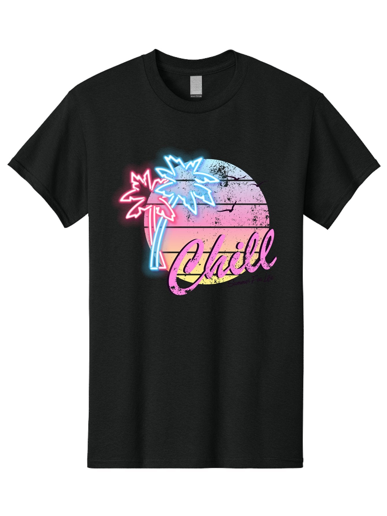 Chill Men'S Graphic Tee, 100% Cotton, Comfortable Casual Summer Wear, Machine Washable, Tropical Paradise, Sunset Vibes, Summer Atmosphere, Beachy Feel, Neon Lights, Palm Trees, Seagulls Flying, Relaxing Scene, Chill Summer For Life Aae180 6