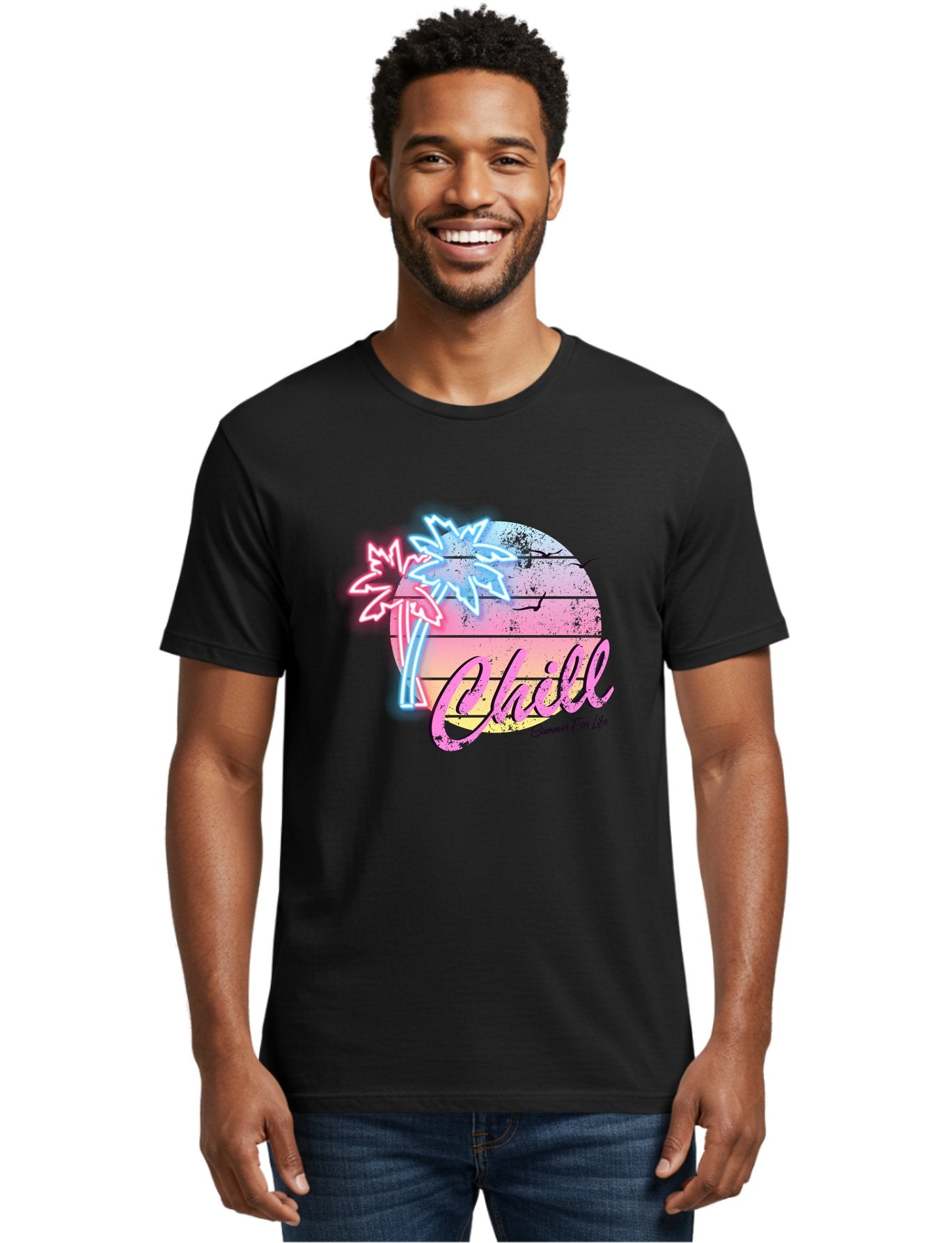 Chill Men'S Graphic Tee, 100% Cotton, Comfortable Casual Summer Wear, Machine Washable, Tropical Paradise, Sunset Vibes, Summer Atmosphere, Beachy Feel, Neon Lights, Palm Trees, Seagulls Flying, Relaxing Scene, Chill Summer For Life Aae180 24