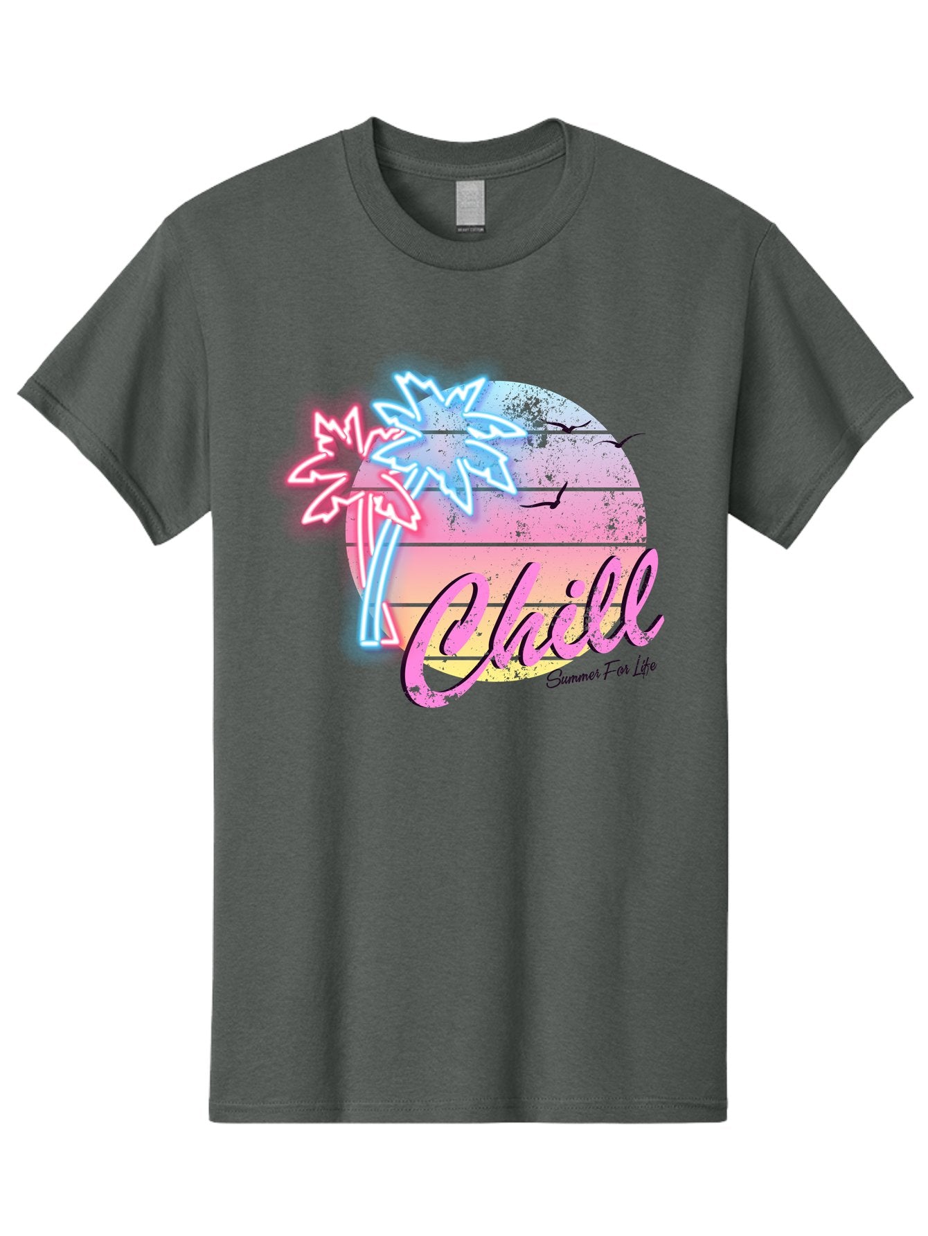 Chill Men'S Graphic Tee, 100% Cotton, Comfortable Casual Summer Wear, Machine Washable, Tropical Paradise, Sunset Vibes, Summer Atmosphere, Beachy Feel, Neon Lights, Palm Trees, Seagulls Flying, Relaxing Scene, Chill Summer For Life Aae180 14