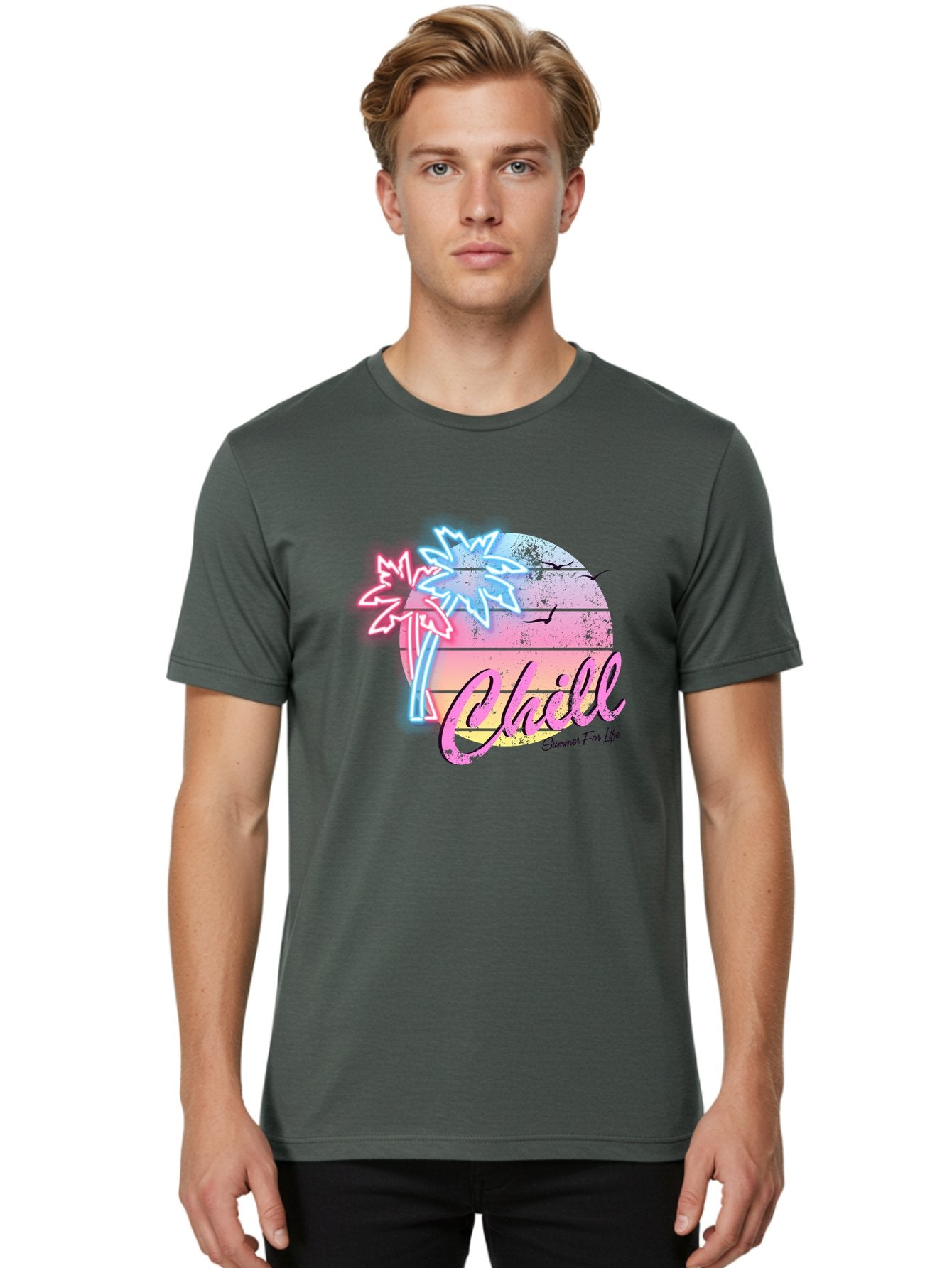 Chill Men'S Graphic Tee, 100% Cotton, Comfortable Casual Summer Wear, Machine Washable, Tropical Paradise, Sunset Vibes, Summer Atmosphere, Beachy Feel, Neon Lights, Palm Trees, Seagulls Flying, Relaxing Scene, Chill Summer For Life Aae180 29