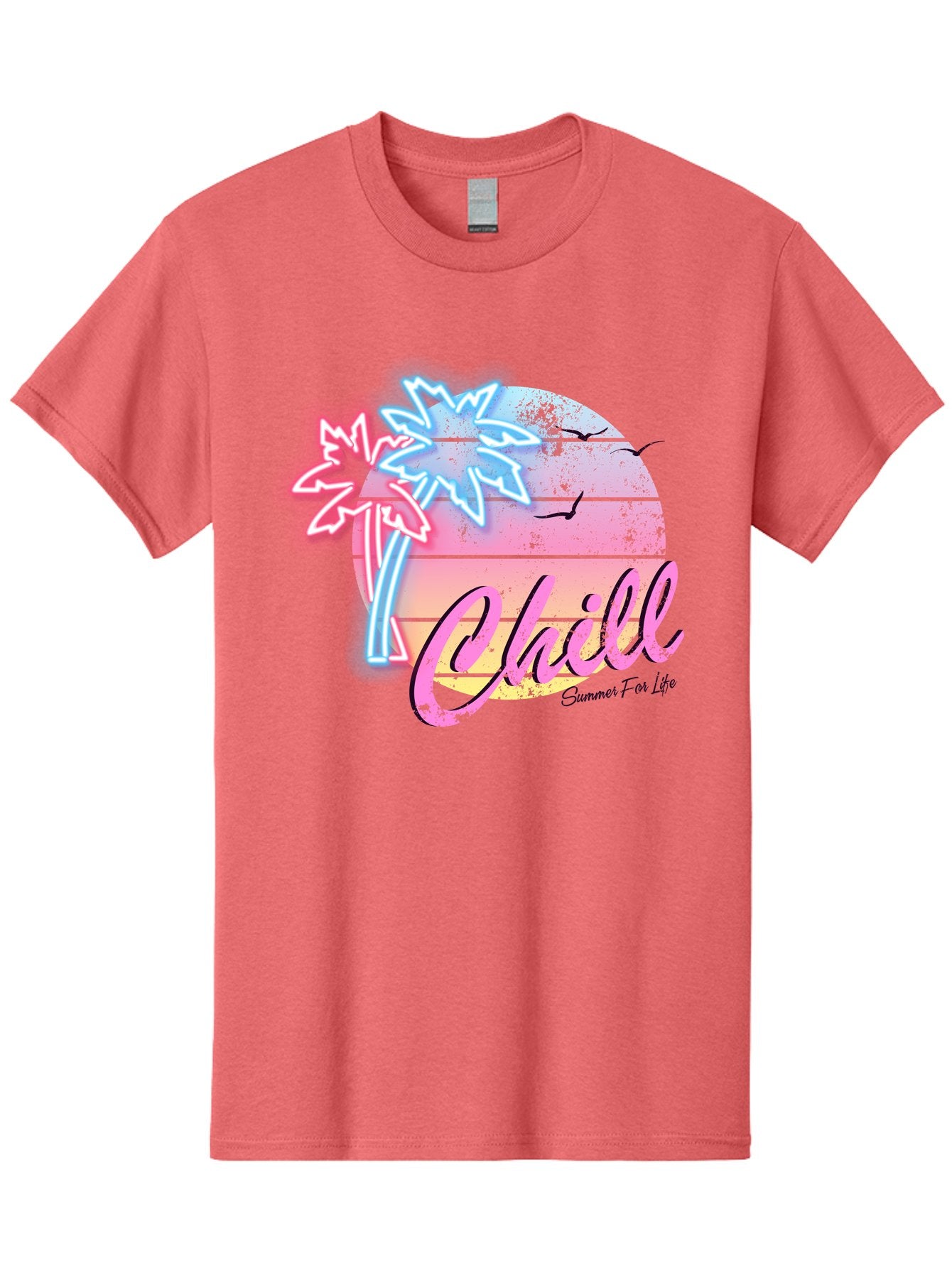 Chill Men'S Graphic Tee, 100% Cotton, Comfortable Casual Summer Wear, Machine Washable, Tropical Paradise, Sunset Vibes, Summer Atmosphere, Beachy Feel, Neon Lights, Palm Trees, Seagulls Flying, Relaxing Scene, Chill Summer For Life Aae180 12