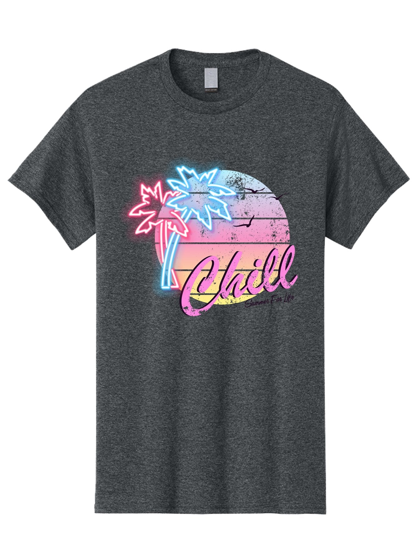 Chill Men'S Graphic Tee, 100% Cotton, Comfortable Casual Summer Wear, Machine Washable, Tropical Paradise, Sunset Vibes, Summer Atmosphere, Beachy Feel, Neon Lights, Palm Trees, Seagulls Flying, Relaxing Scene, Chill Summer For Life Aae180 5