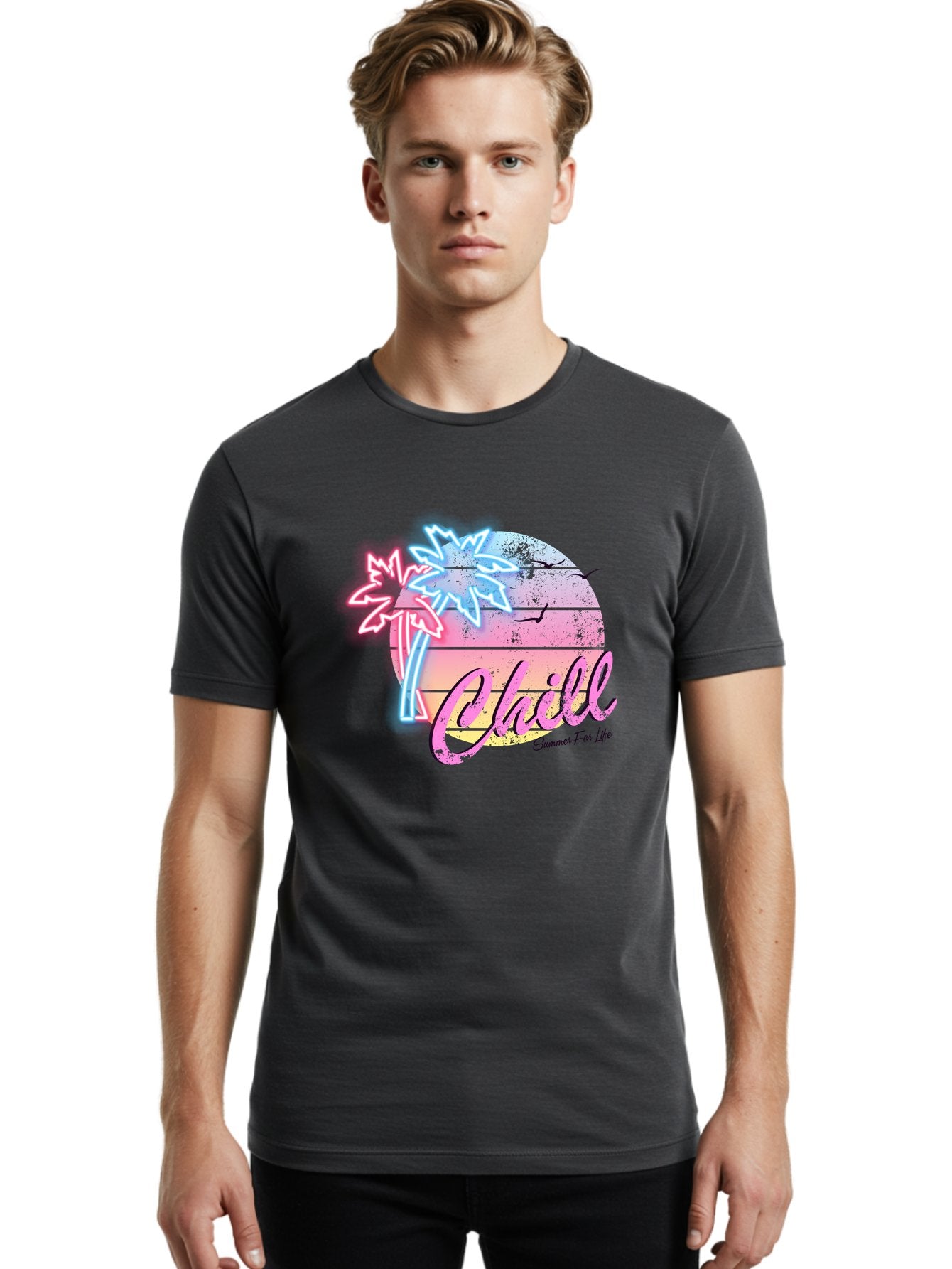 Chill Men'S Graphic Tee, 100% Cotton, Comfortable Casual Summer Wear, Machine Washable, Tropical Paradise, Sunset Vibes, Summer Atmosphere, Beachy Feel, Neon Lights, Palm Trees, Seagulls Flying, Relaxing Scene, Chill Summer For Life Aae180 23
