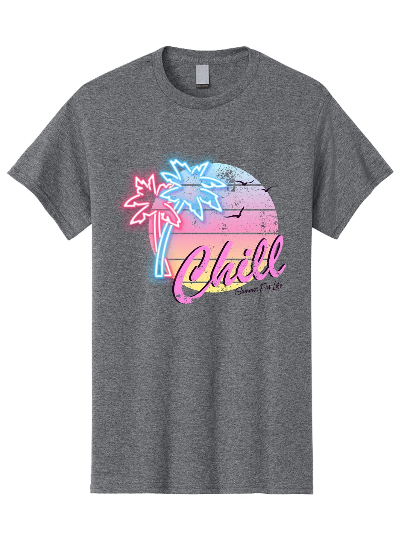 Chill Men'S Graphic Tee, 100% Cotton, Comfortable Casual Summer Wear, Machine Washable, Tropical Paradise, Sunset Vibes, Summer Atmosphere, Beachy Feel, Neon Lights, Palm Trees, Seagulls Flying, Relaxing Scene, Chill Summer For Life Aae180 3