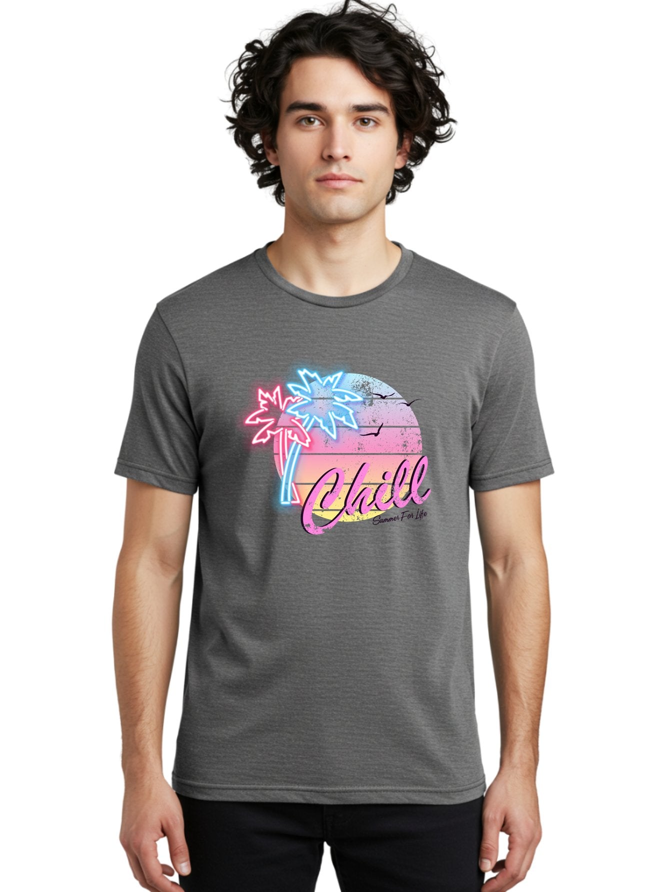 Chill Men'S Graphic Tee, 100% Cotton, Comfortable Casual Summer Wear, Machine Washable, Tropical Paradise, Sunset Vibes, Summer Atmosphere, Beachy Feel, Neon Lights, Palm Trees, Seagulls Flying, Relaxing Scene, Chill Summer For Life Aae180 22