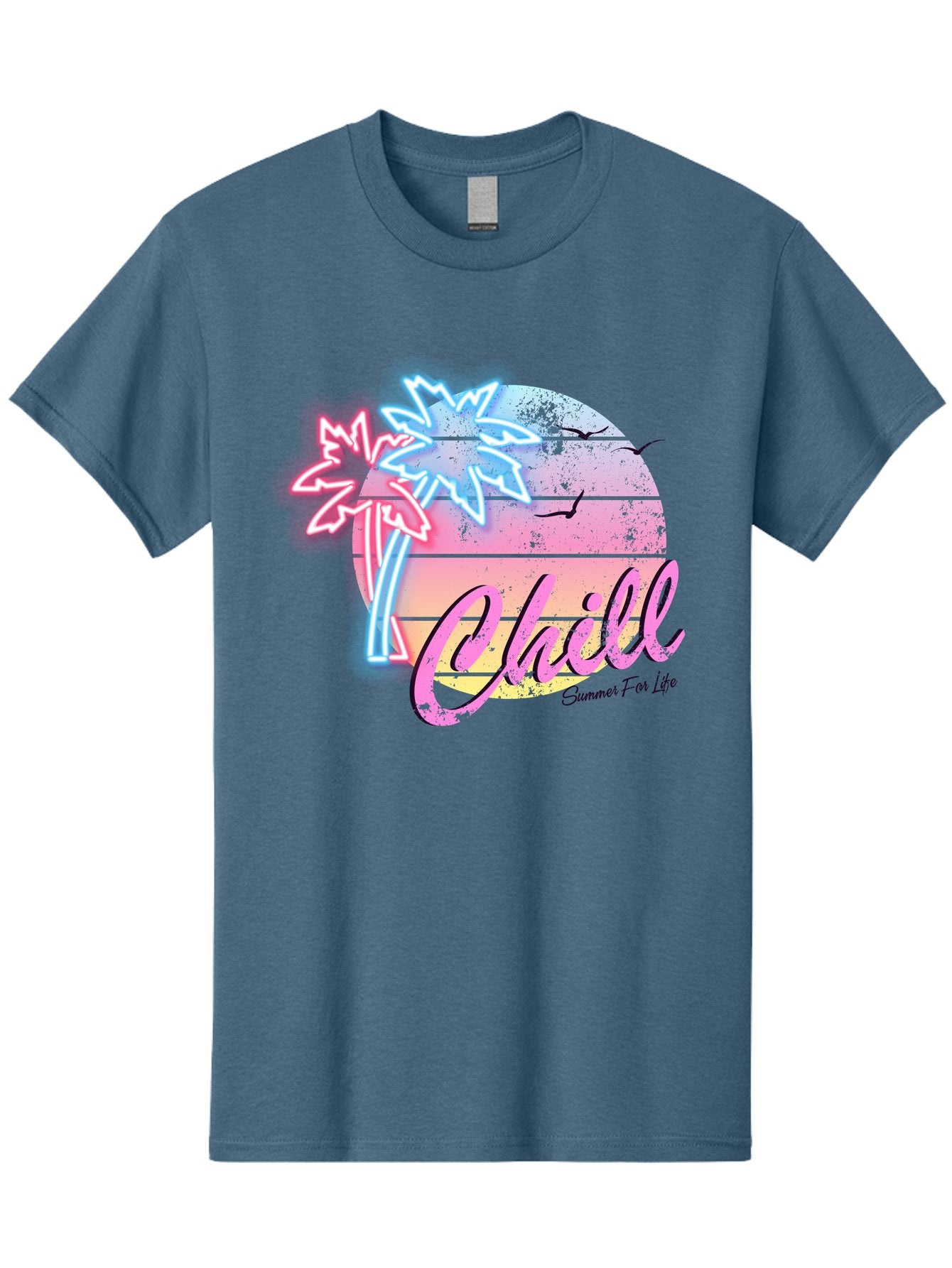 Chill Men'S Graphic Tee, 100% Cotton, Comfortable Casual Summer Wear, Machine Washable, Tropical Paradise, Sunset Vibes, Summer Atmosphere, Beachy Feel, Neon Lights, Palm Trees, Seagulls Flying, Relaxing Scene, Chill Summer For Life Aae180
