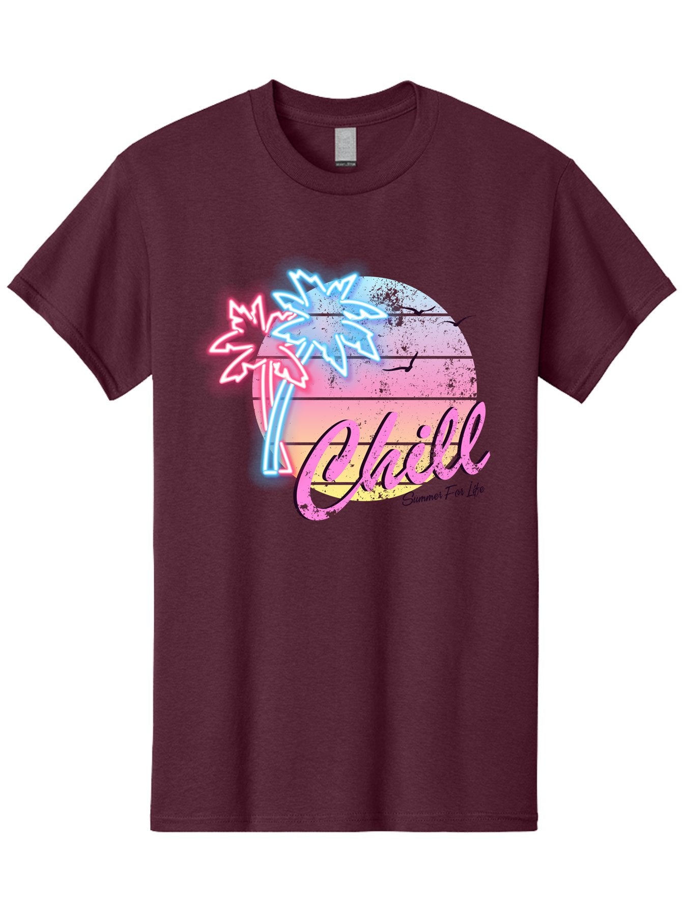 Chill Men'S Graphic Tee, 100% Cotton, Comfortable Casual Summer Wear, Machine Washable, Tropical Paradise, Sunset Vibes, Summer Atmosphere, Beachy Feel, Neon Lights, Palm Trees, Seagulls Flying, Relaxing Scene, Chill Summer For Life Aae180 4