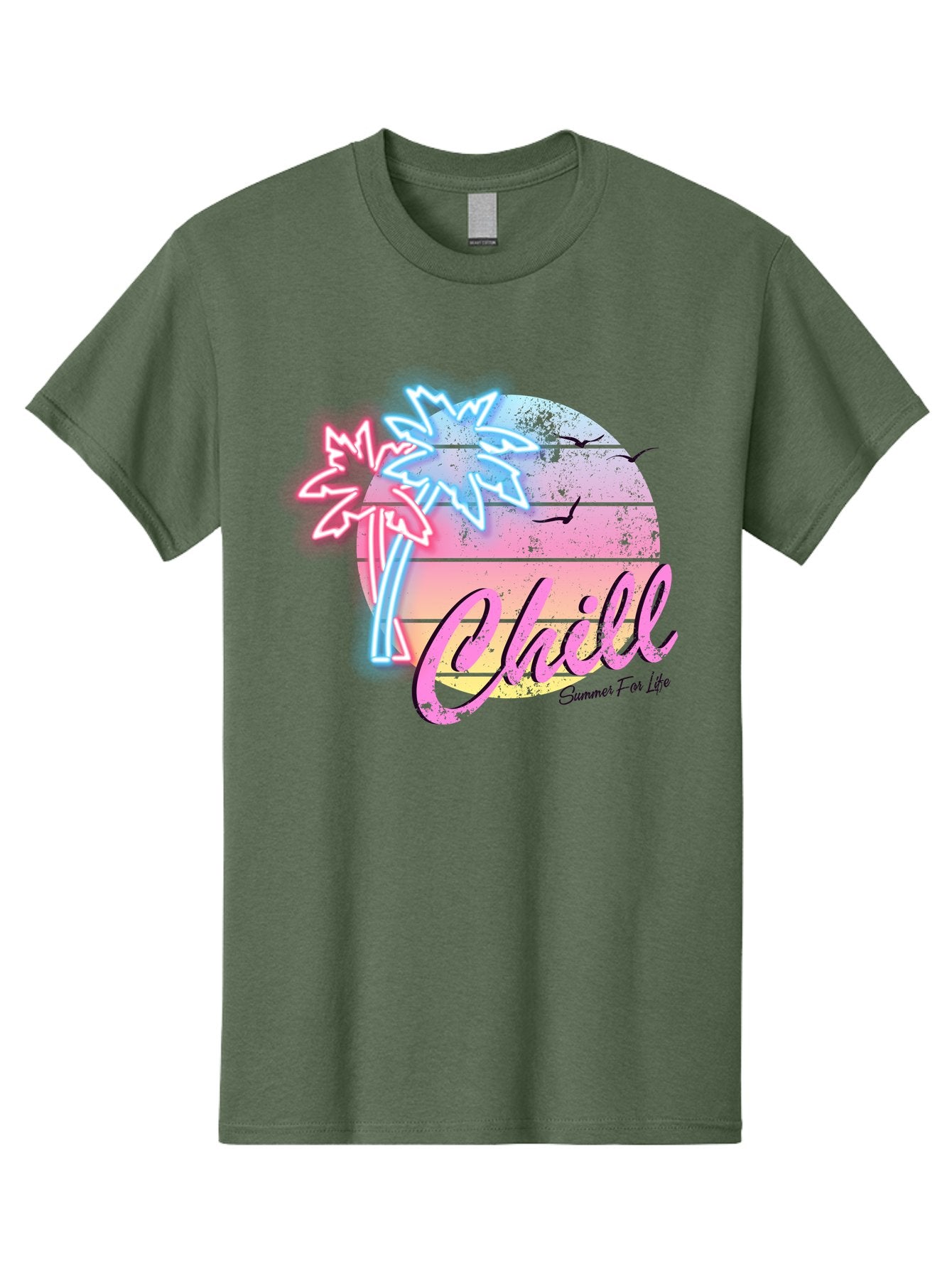 Chill Men'S Graphic Tee, 100% Cotton, Comfortable Casual Summer Wear, Machine Washable, Tropical Paradise, Sunset Vibes, Summer Atmosphere, Beachy Feel, Neon Lights, Palm Trees, Seagulls Flying, Relaxing Scene, Chill Summer For Life Aae180 15