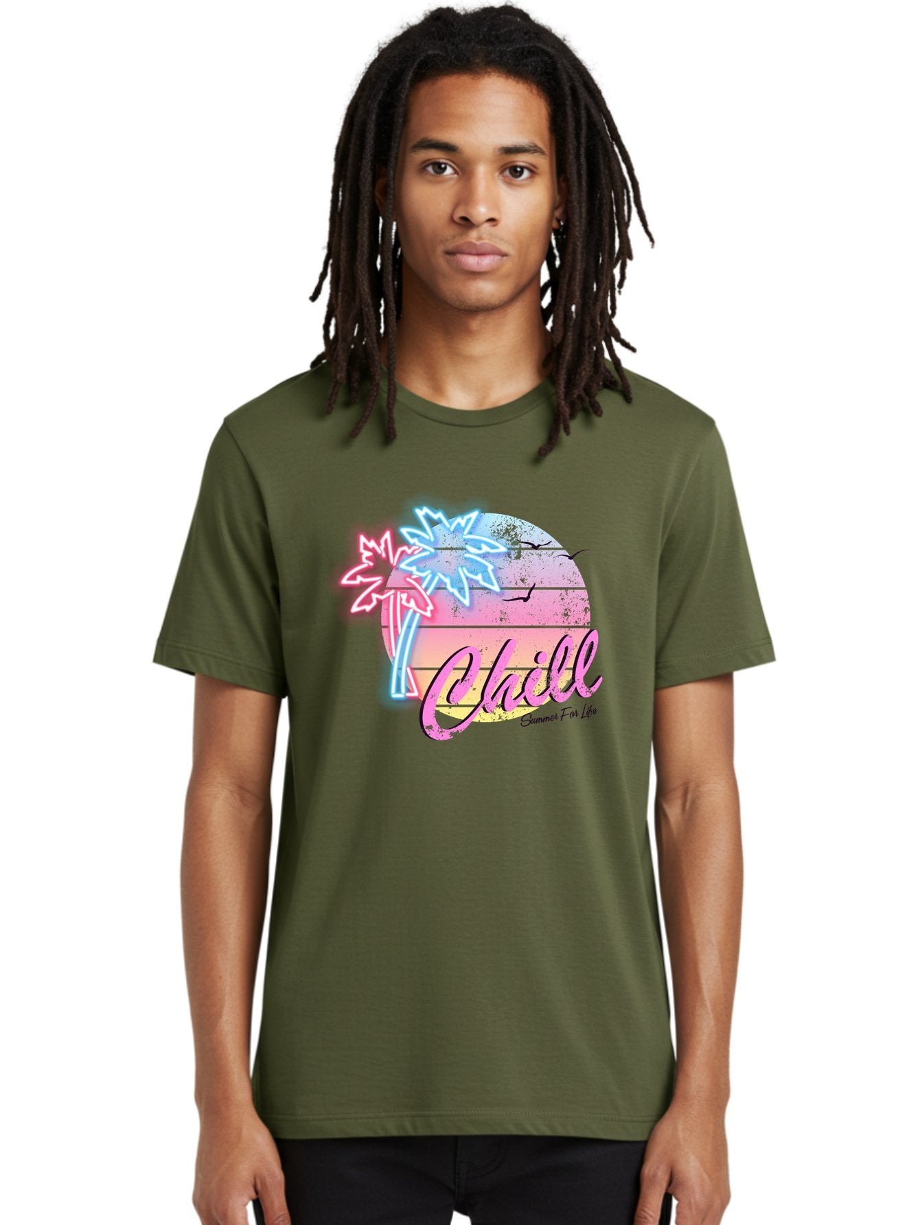 Chill Men'S Graphic Tee, 100% Cotton, Comfortable Casual Summer Wear, Machine Washable, Tropical Paradise, Sunset Vibes, Summer Atmosphere, Beachy Feel, Neon Lights, Palm Trees, Seagulls Flying, Relaxing Scene, Chill Summer For Life Aae180 30