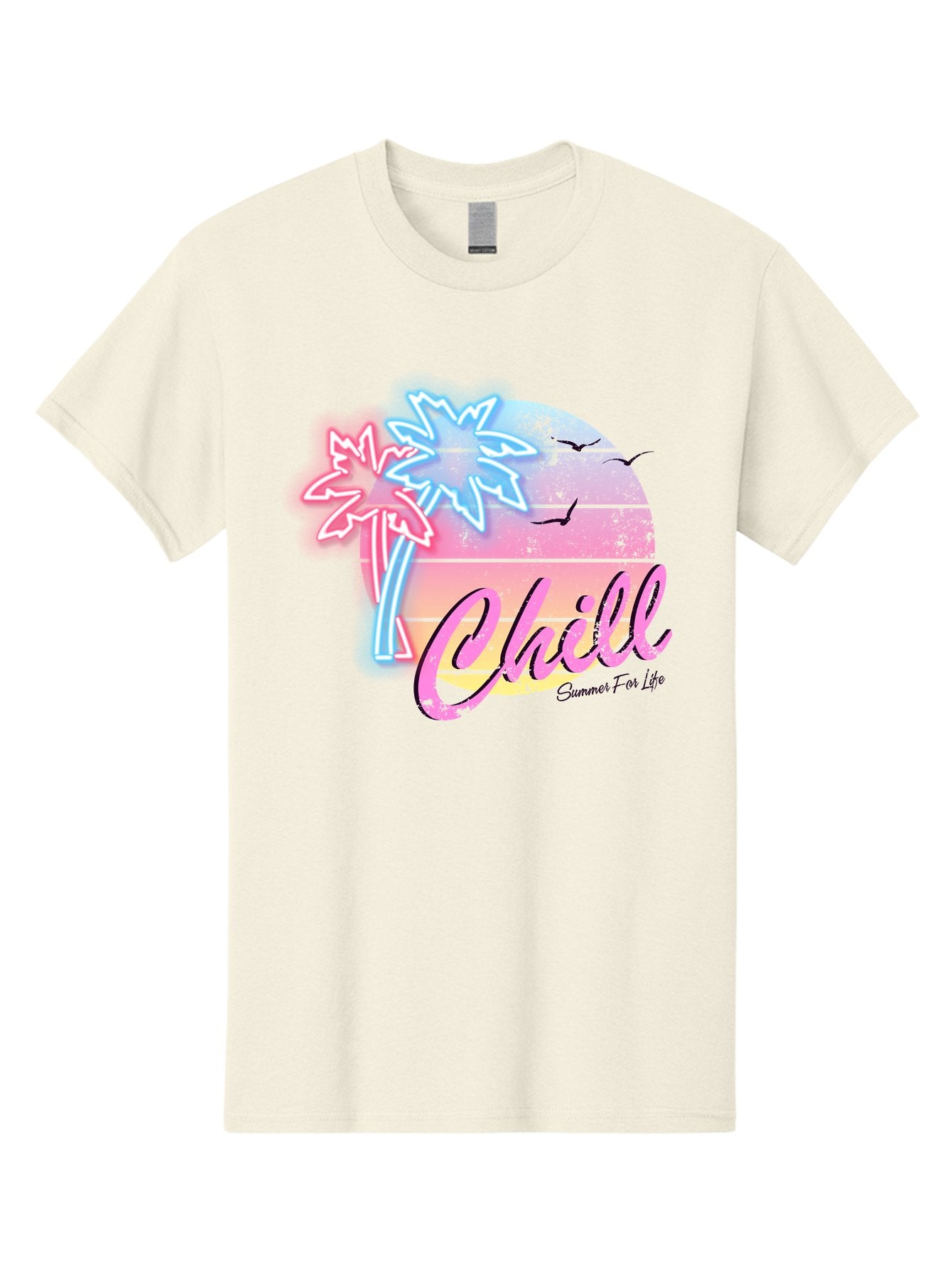 Chill Men'S Graphic Tee, 100% Cotton, Comfortable Casual Summer Wear, Machine Washable, Tropical Paradise, Sunset Vibes, Summer Atmosphere, Beachy Feel, Neon Lights, Palm Trees, Seagulls Flying, Relaxing Scene, Chill Summer For Life Aae180 9