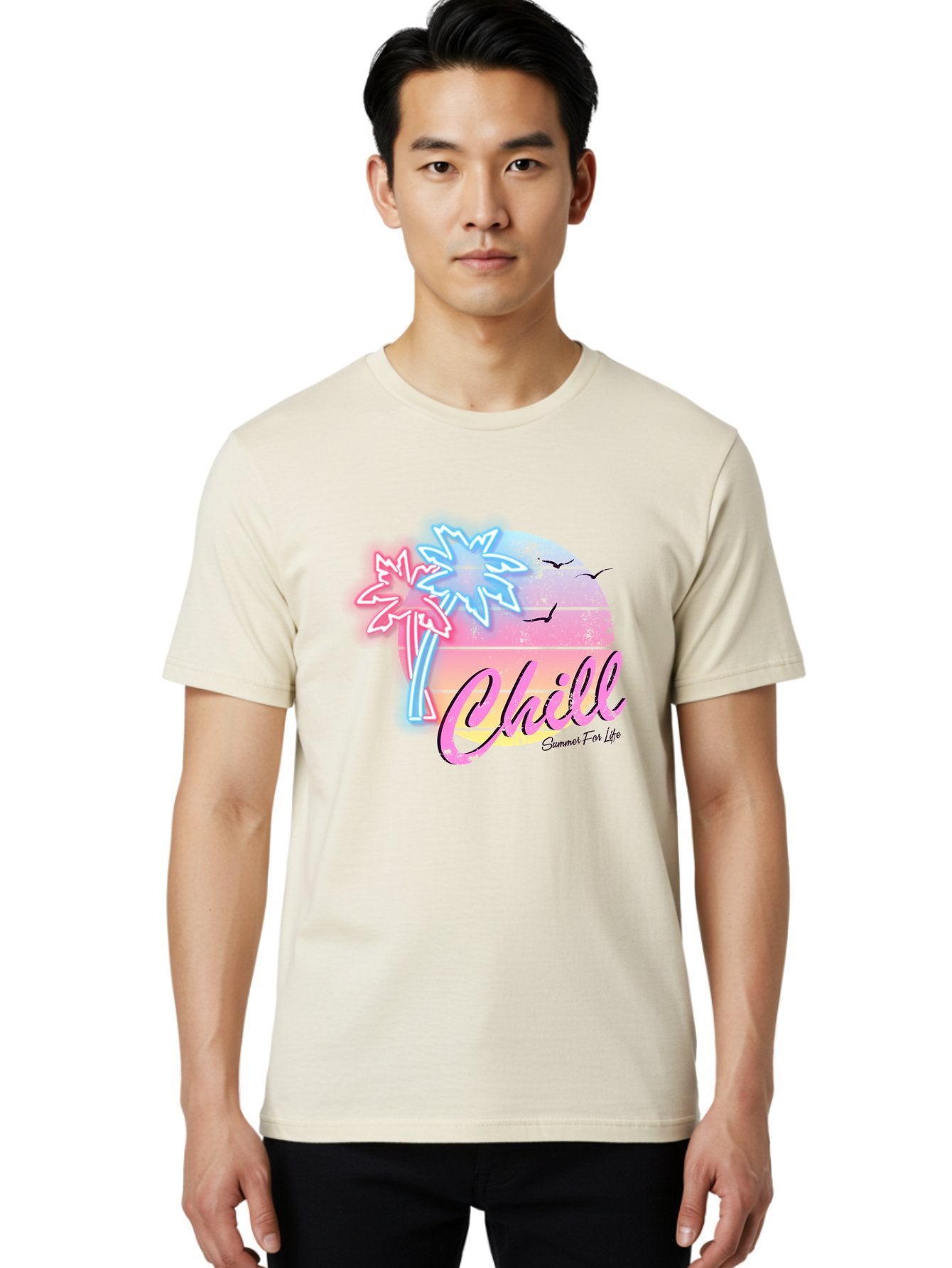 Chill Men'S Graphic Tee, 100% Cotton, Comfortable Casual Summer Wear, Machine Washable, Tropical Paradise, Sunset Vibes, Summer Atmosphere, Beachy Feel, Neon Lights, Palm Trees, Seagulls Flying, Relaxing Scene, Chill Summer For Life Aae180 26