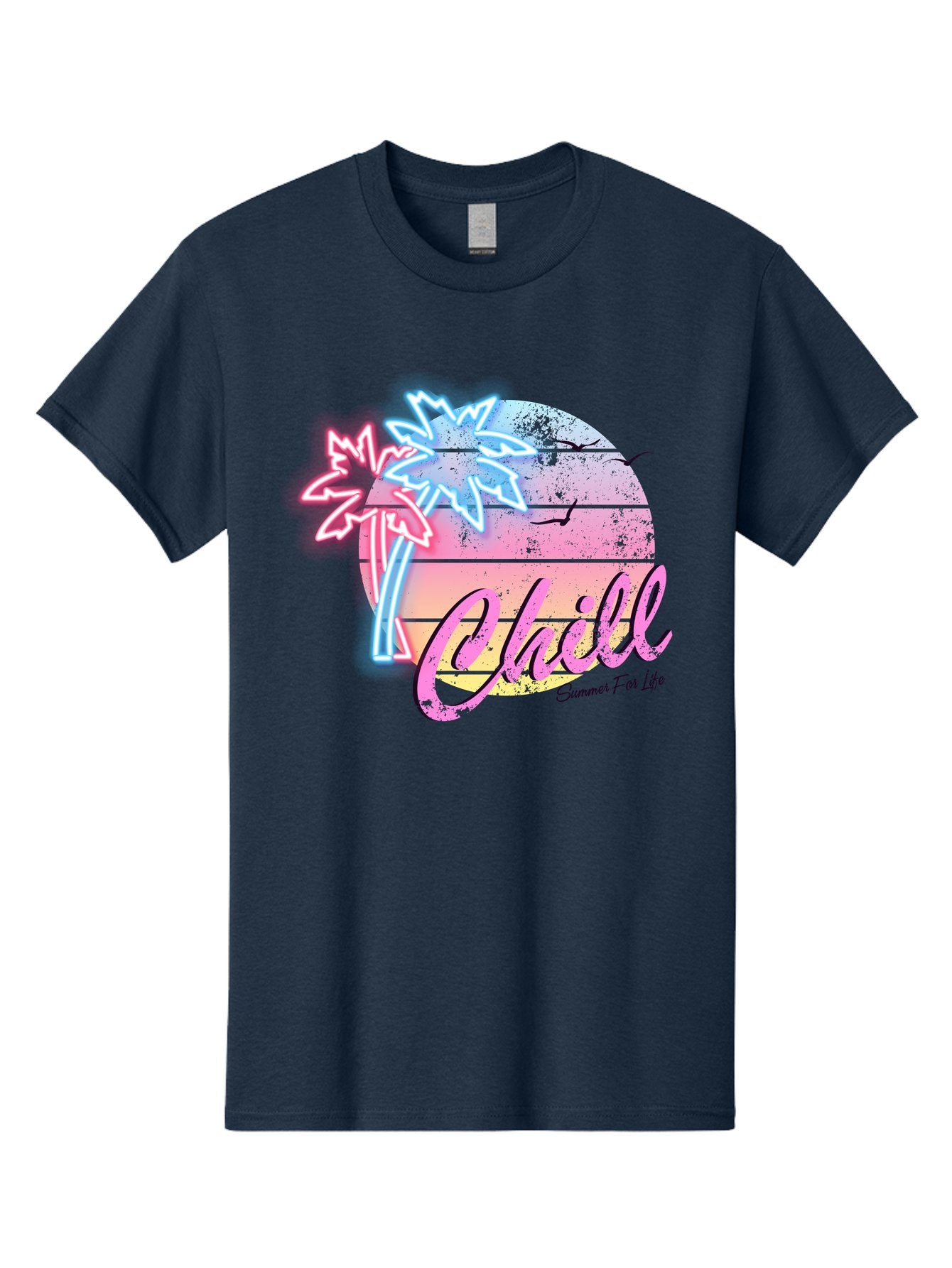 Chill Men'S Graphic Tee, 100% Cotton, Comfortable Casual Summer Wear, Machine Washable, Tropical Paradise, Sunset Vibes, Summer Atmosphere, Beachy Feel, Neon Lights, Palm Trees, Seagulls Flying, Relaxing Scene, Chill Summer For Life Aae180 8