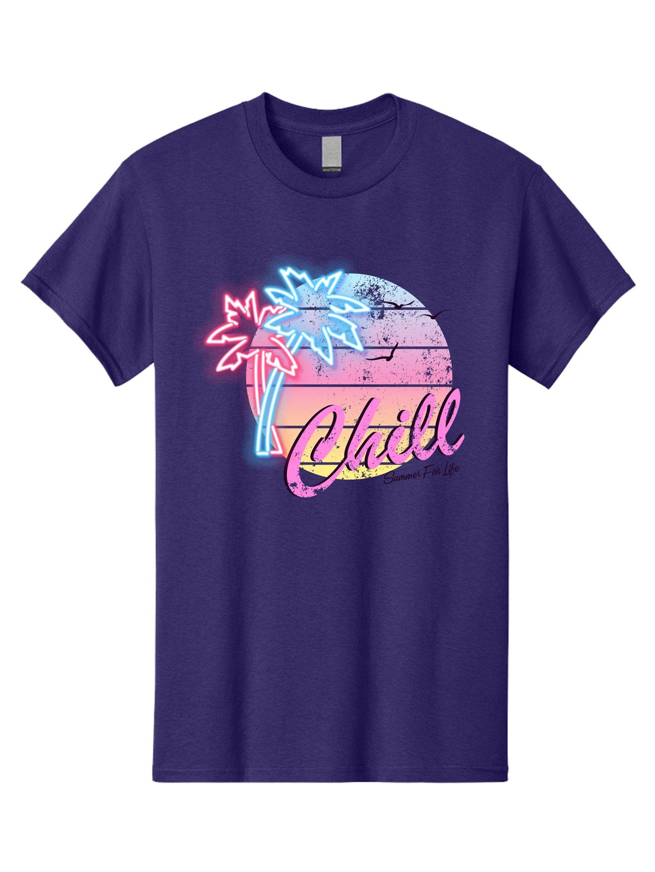 Chill Men'S Graphic Tee, 100% Cotton, Comfortable Casual Summer Wear, Machine Washable, Tropical Paradise, Sunset Vibes, Summer Atmosphere, Beachy Feel, Neon Lights, Palm Trees, Seagulls Flying, Relaxing Scene, Chill Summer For Life Aae180
