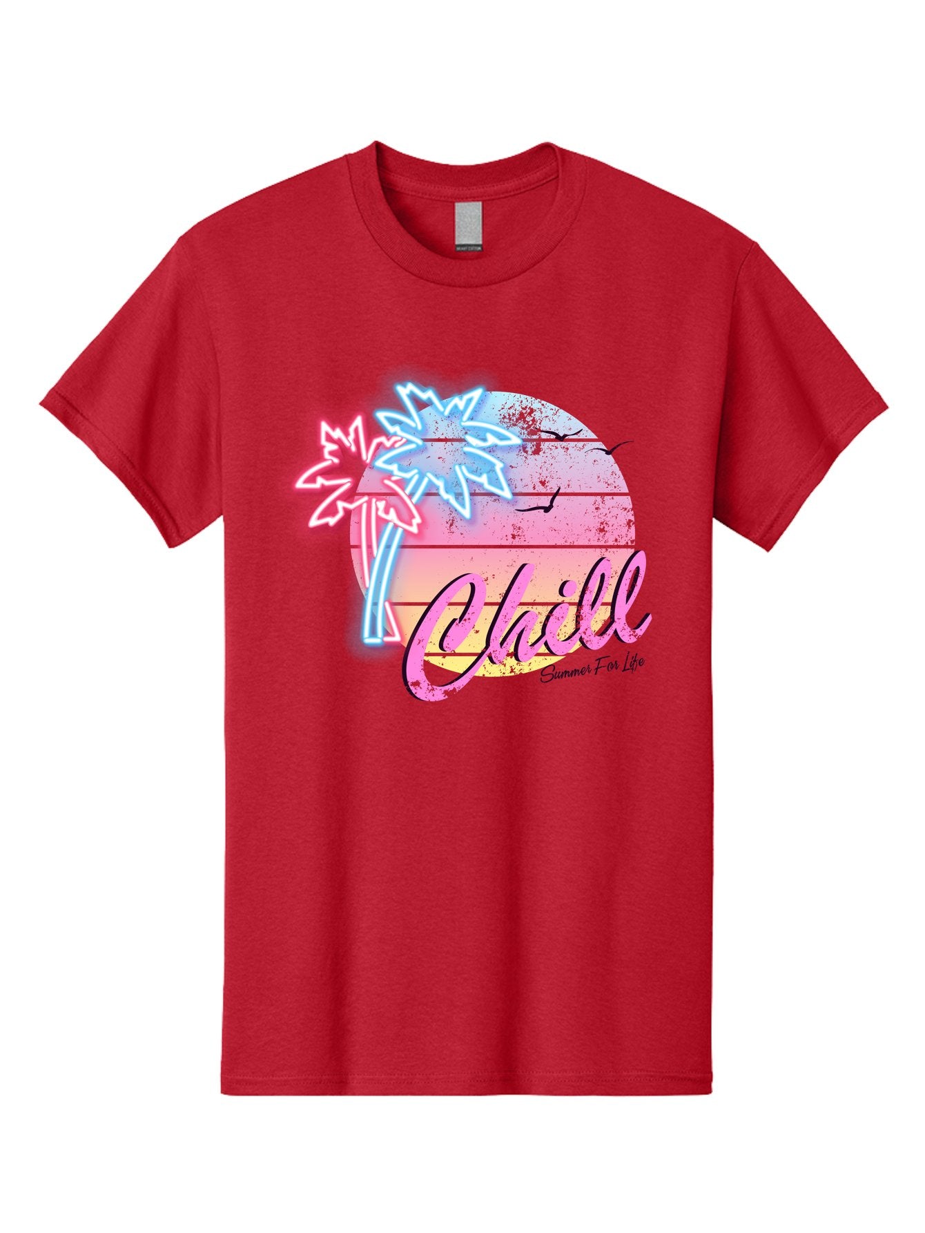 Chill Men'S Graphic Tee, 100% Cotton, Comfortable Casual Summer Wear, Machine Washable, Tropical Paradise, Sunset Vibes, Summer Atmosphere, Beachy Feel, Neon Lights, Palm Trees, Seagulls Flying, Relaxing Scene, Chill Summer For Life Aae180 13