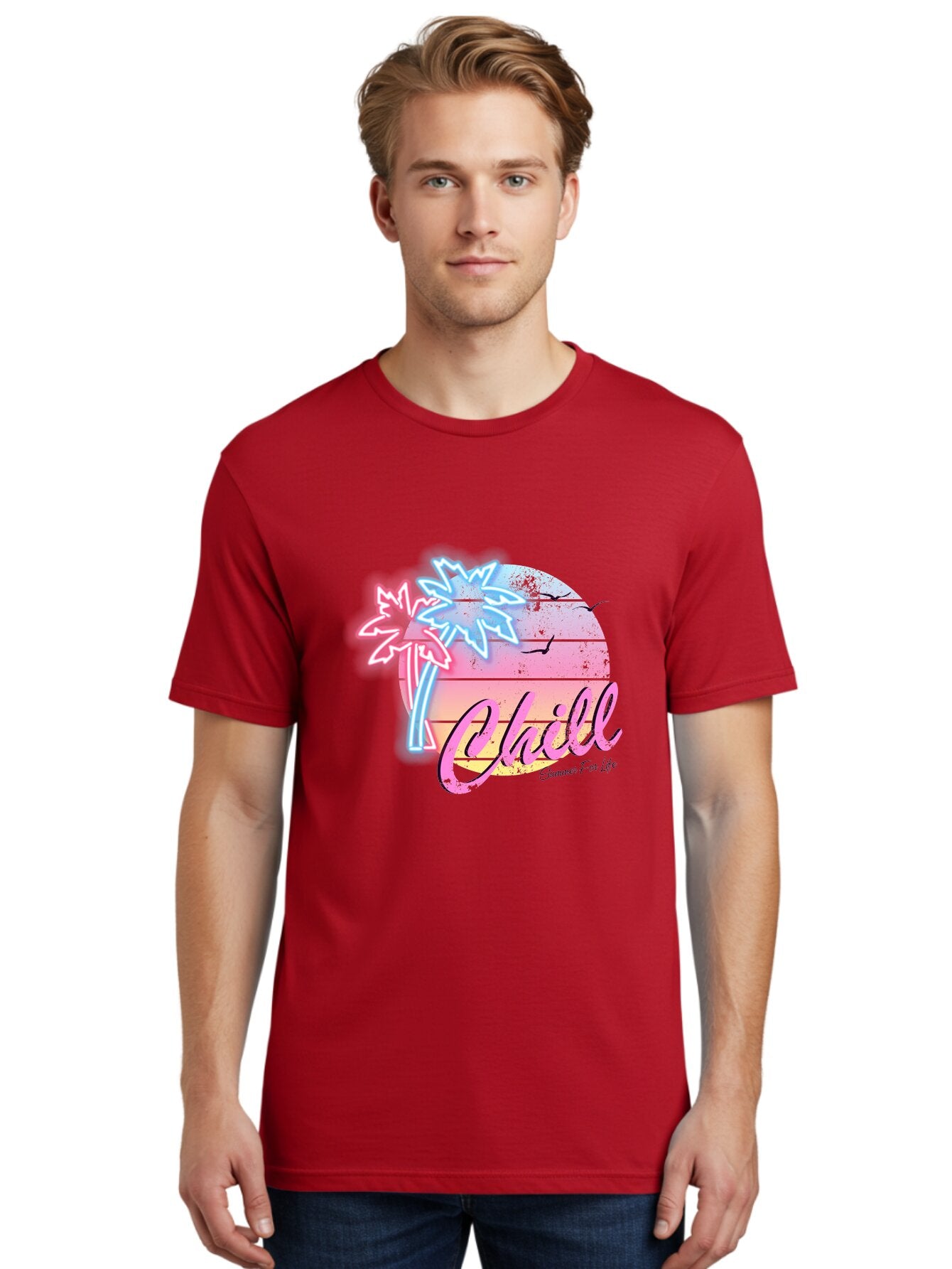 Chill Men'S Graphic Tee, 100% Cotton, Comfortable Casual Summer Wear, Machine Washable, Tropical Paradise, Sunset Vibes, Summer Atmosphere, Beachy Feel, Neon Lights, Palm Trees, Seagulls Flying, Relaxing Scene, Chill Summer For Life Aae180 20