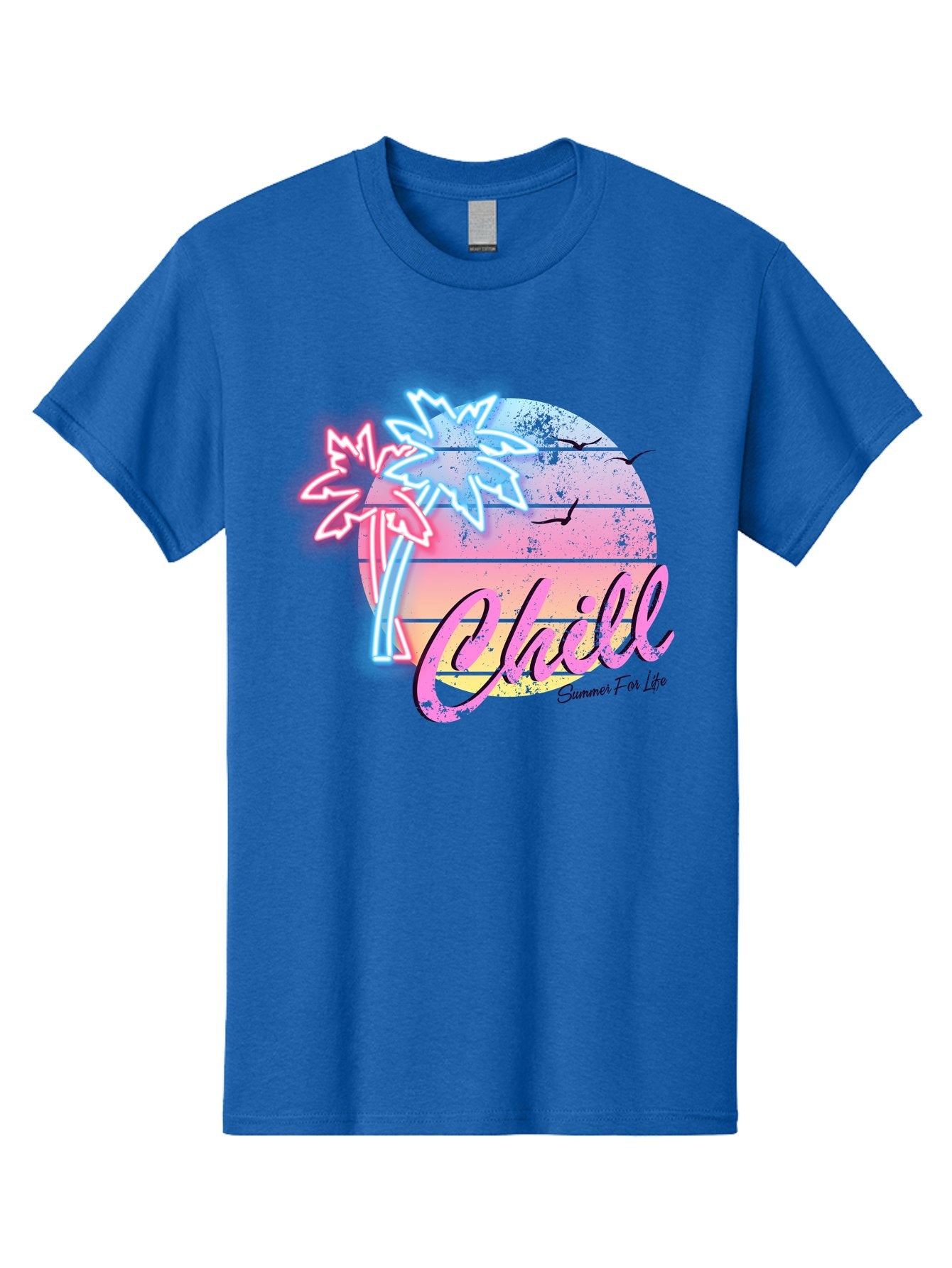 Chill Men'S Graphic Tee, 100% Cotton, Comfortable Casual Summer Wear, Machine Washable, Tropical Paradise, Sunset Vibes, Summer Atmosphere, Beachy Feel, Neon Lights, Palm Trees, Seagulls Flying, Relaxing Scene, Chill Summer For Life Aae180 7