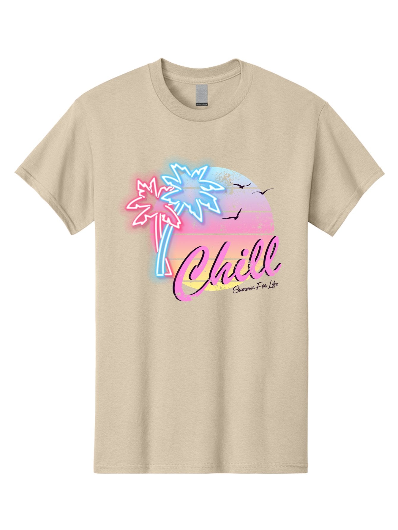 Chill Men'S Graphic Tee, 100% Cotton, Comfortable Casual Summer Wear, Machine Washable, Tropical Paradise, Sunset Vibes, Summer Atmosphere, Beachy Feel, Neon Lights, Palm Trees, Seagulls Flying, Relaxing Scene, Chill Summer For Life Aae180 11