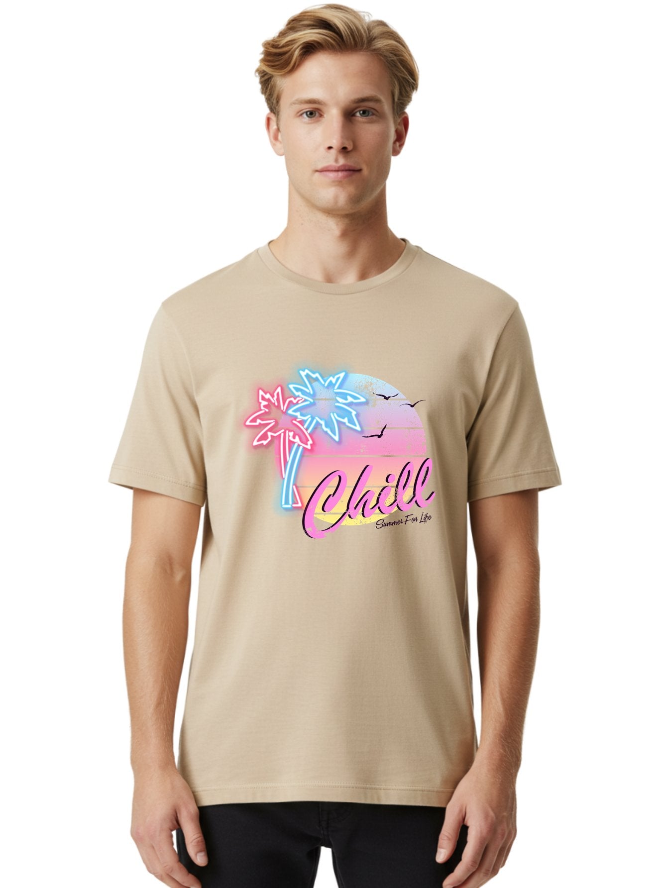 Chill Men'S Graphic Tee, 100% Cotton, Comfortable Casual Summer Wear, Machine Washable, Tropical Paradise, Sunset Vibes, Summer Atmosphere, Beachy Feel, Neon Lights, Palm Trees, Seagulls Flying, Relaxing Scene, Chill Summer For Life Aae180 27