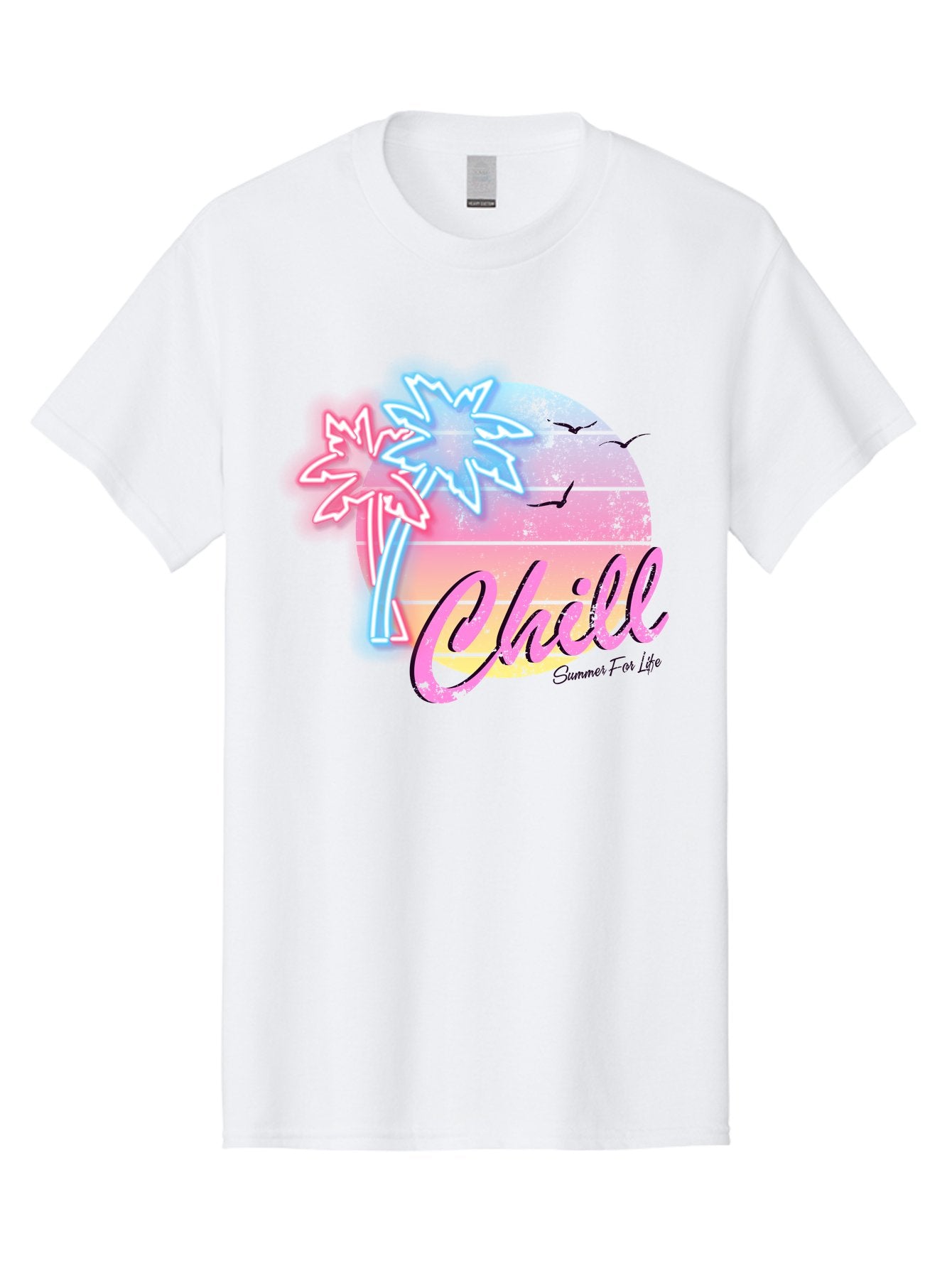 Chill Men'S Graphic Tee, 100% Cotton, Comfortable Casual Summer Wear, Machine Washable, Tropical Paradise, Sunset Vibes, Summer Atmosphere, Beachy Feel, Neon Lights, Palm Trees, Seagulls Flying, Relaxing Scene, Chill Summer For Life Aae180 10