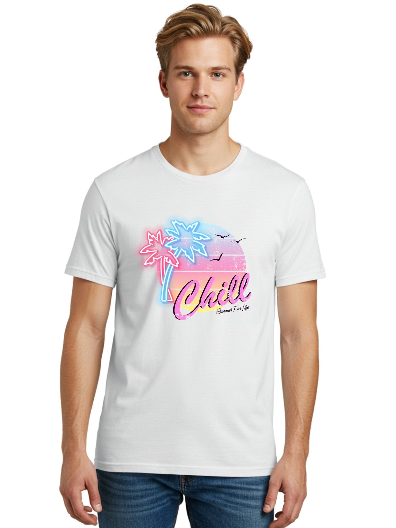 Chill Men'S Graphic Tee, 100% Cotton, Comfortable Casual Summer Wear, Machine Washable, Tropical Paradise, Sunset Vibes, Summer Atmosphere, Beachy Feel, Neon Lights, Palm Trees, Seagulls Flying, Relaxing Scene, Chill Summer For Life Aae180 17