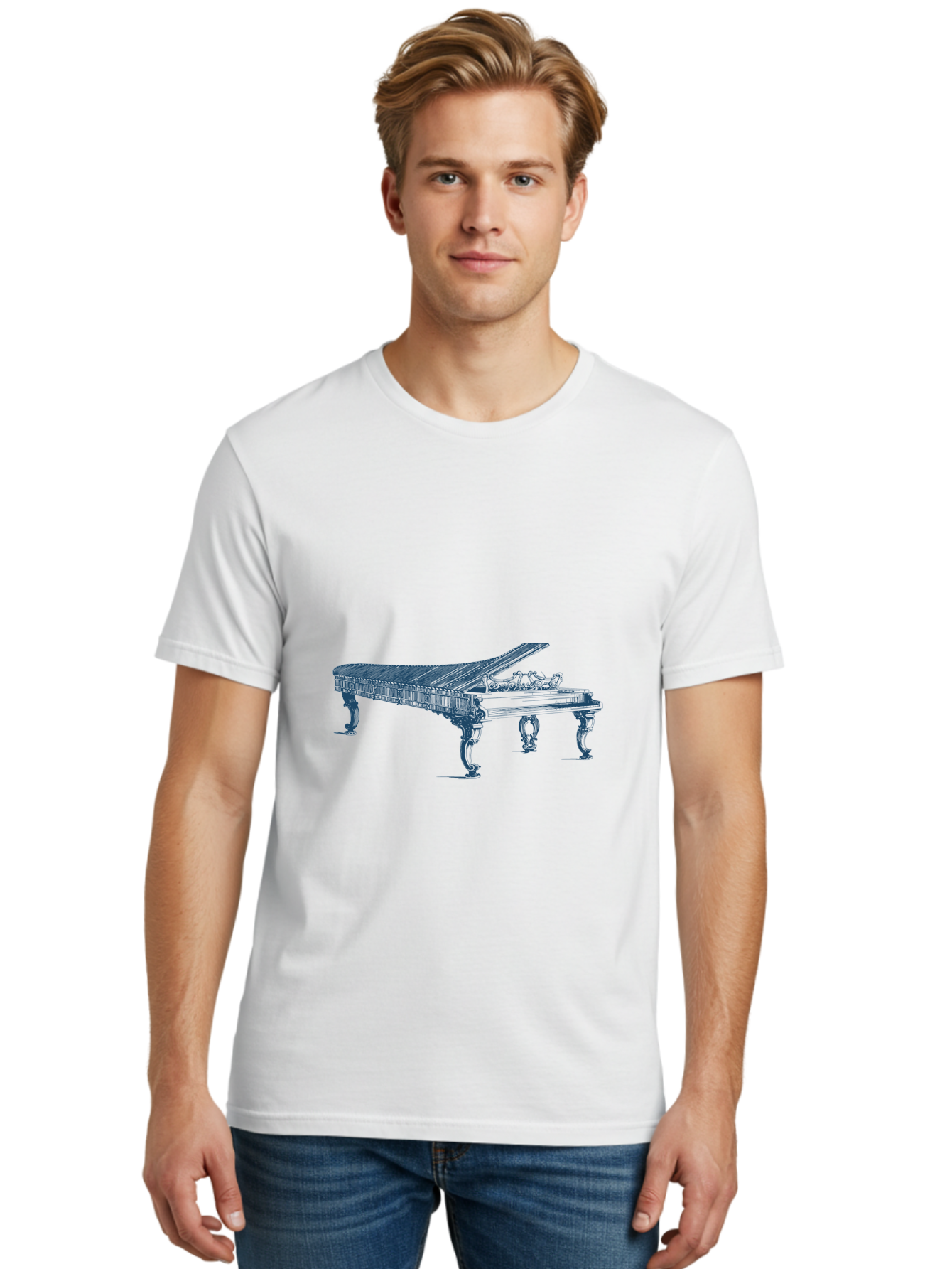 Classic Concert Piano Men'S Graphic Tee, 100% Cotton, Comfortable Casual Summer Wear, Machine Washable, Grand Piano, Musical Instrument, Ornate Design, Open Lid, Decorative Legs, Classical Music, Elegant Atmosphere, Sophisticated Decor Aae186 10