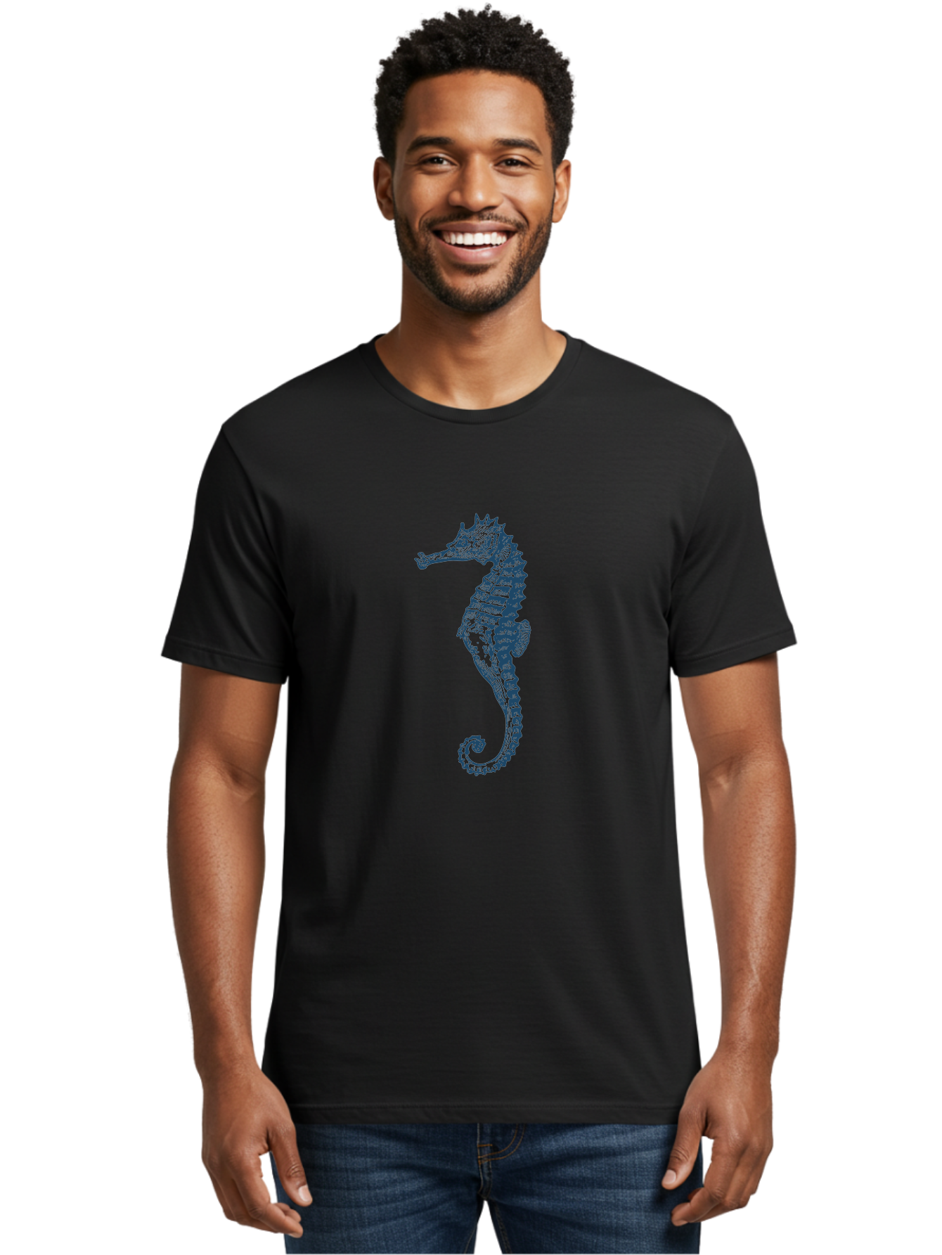 Classic Seahorse Men'S Graphic Tee, 100% Cotton, Comfortable Casual Summer Wear, Machine Washable, Seahorse, Ocean Creature, Marine Life, Underwater World, Blue Illustration, Detailed Artwork, Wildlife, Majestic Animal, Oceanic Beauty, Aae193 4