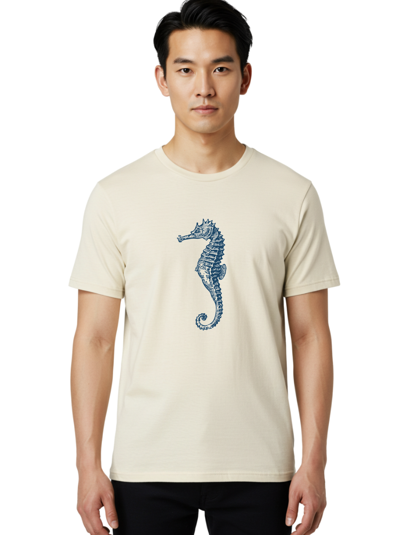 Classic Seahorse Men'S Graphic Tee, 100% Cotton, Comfortable Casual Summer Wear, Machine Washable, Seahorse, Ocean Creature, Marine Life, Underwater World, Blue Illustration, Detailed Artwork, Wildlife, Majestic Animal, Oceanic Beauty, Aae193 10