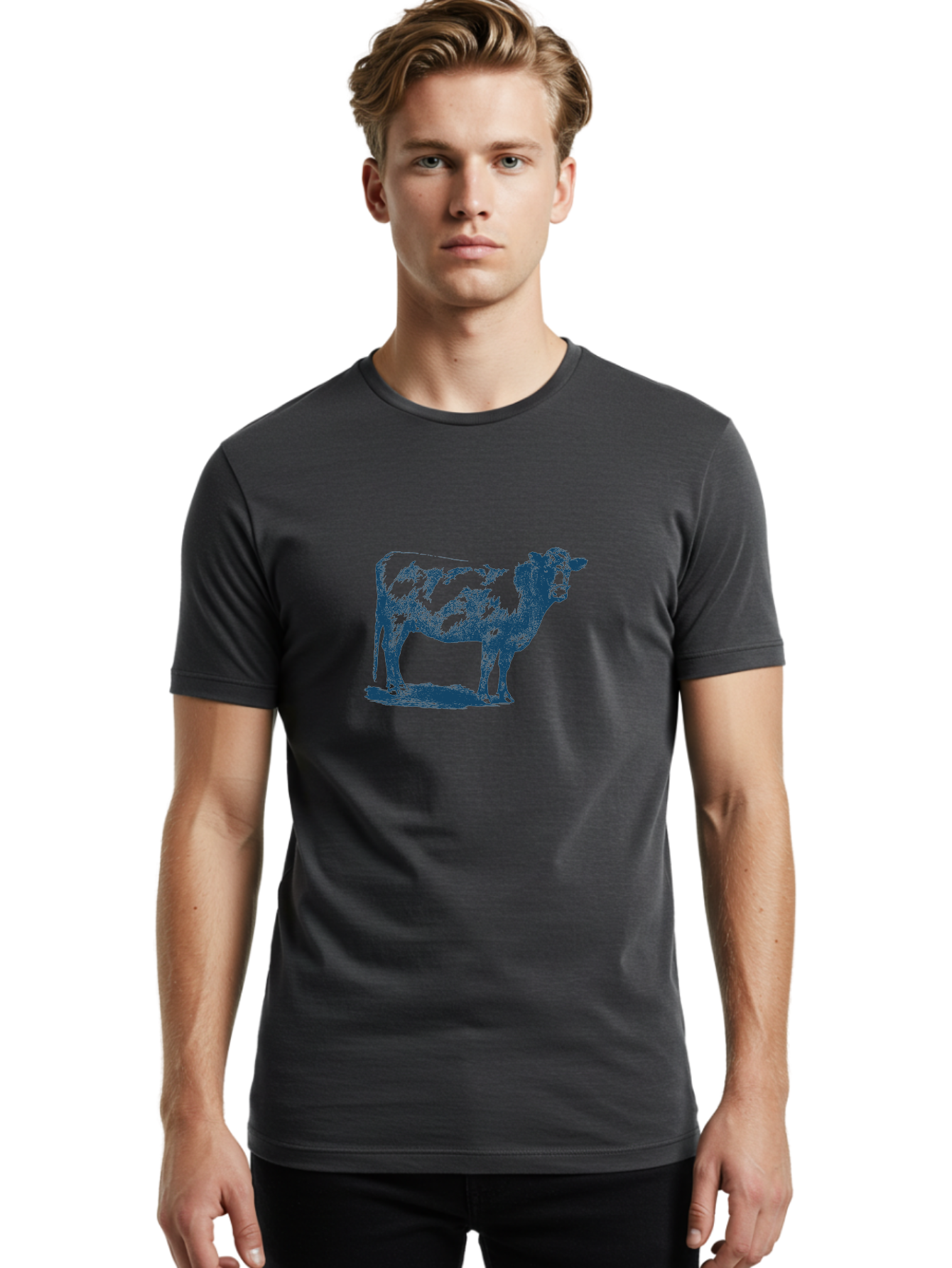 Country Cow Classic Men'S Graphic Tee, 100% Cotton, Comfortable Casual Summer Wear, Machine Washable, Cow Standing, Livestock Illustration, Agricultural Graphics, Farm Animal Art, Monochrome Cow, Rustic Design, Simple Graphics, Country Charm, Aae207 24