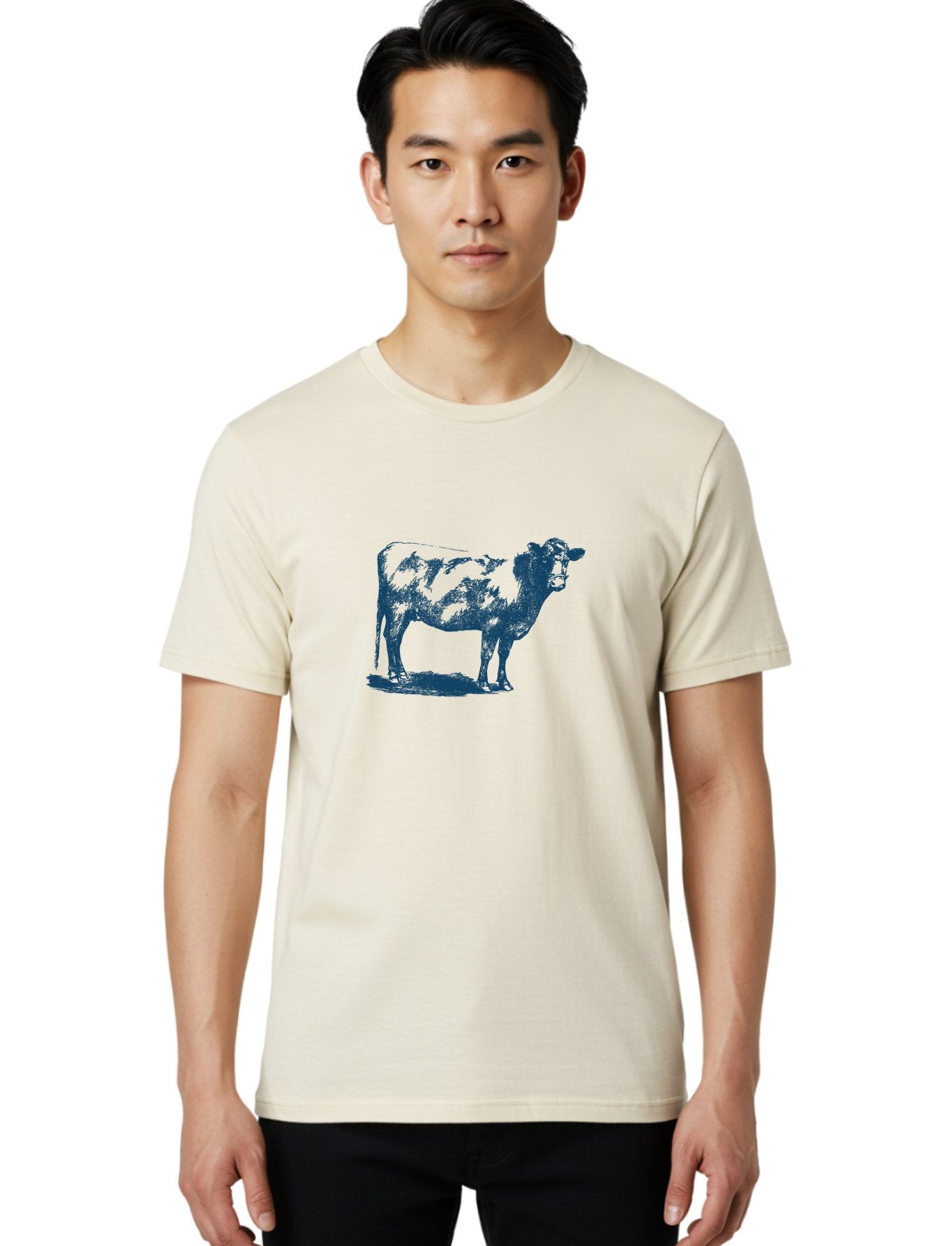 Country Cow Classic Men'S Graphic Tee, 100% Cotton, Comfortable Casual Summer Wear, Machine Washable, Cow Standing, Livestock Illustration, Agricultural Graphics, Farm Animal Art, Monochrome Cow, Rustic Design, Simple Graphics, Country Charm, Aae207 28