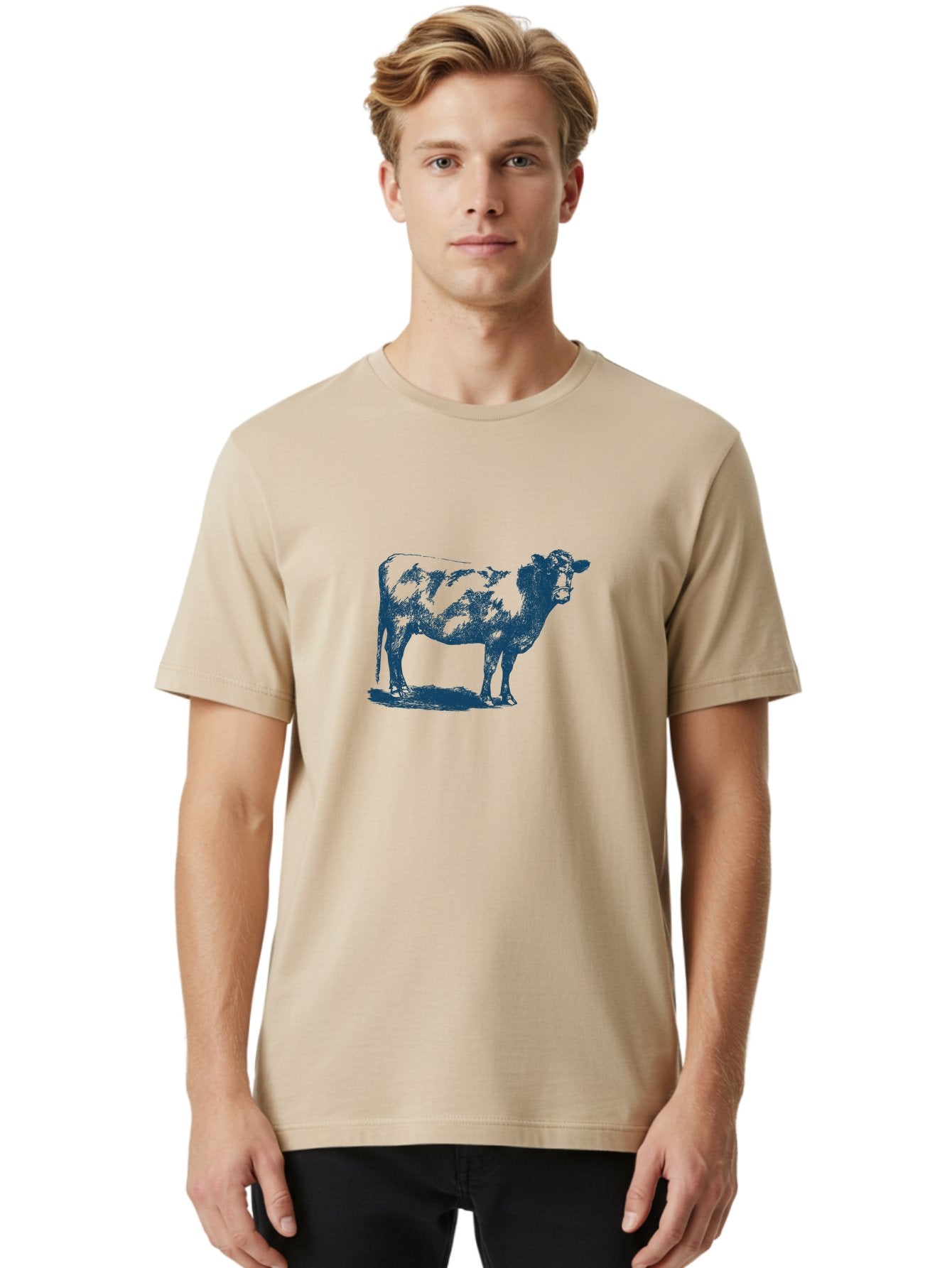 Country Cow Classic Men'S Graphic Tee, 100% Cotton, Comfortable Casual Summer Wear, Machine Washable, Cow Standing, Livestock Illustration, Agricultural Graphics, Farm Animal Art, Monochrome Cow, Rustic Design, Simple Graphics, Country Charm, Aae207 23