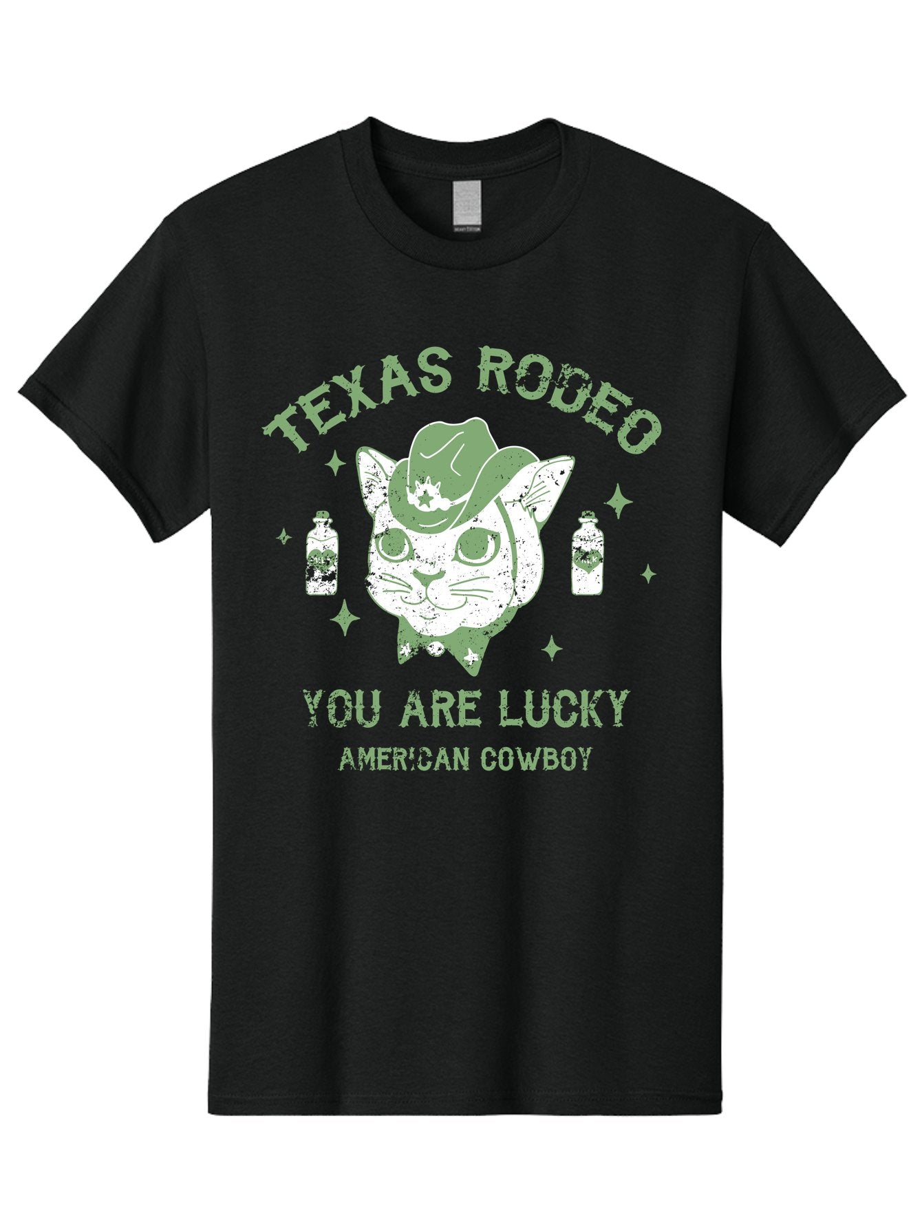 Cowboy Men'S Graphic Tee, 100% Cotton, Comfortable Casual Summer Wear, Machine Washable, Cowboy Cat, Western Wear, Texas Rodeo, Lucky Charm, American Cowboy, Feline Cowboy, Country Style, Cowboy Hat, Star Motif, Whiskey Bottles, Retro Vibe, Aae208 4