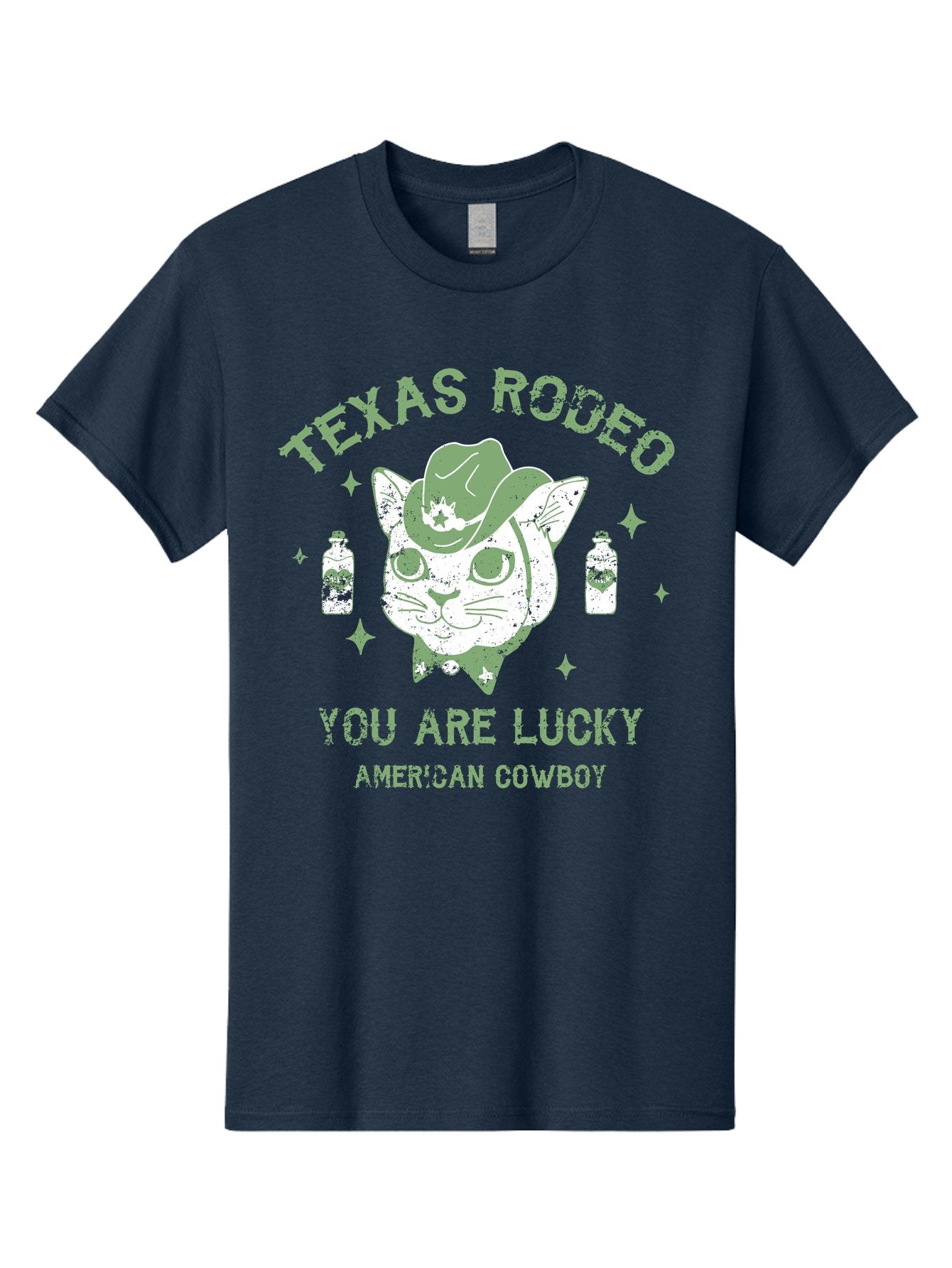 Cowboy Men'S Graphic Tee, 100% Cotton, Comfortable Casual Summer Wear, Machine Washable, Cowboy Cat, Western Wear, Texas Rodeo, Lucky Charm, American Cowboy, Feline Cowboy, Country Style, Cowboy Hat, Star Motif, Whiskey Bottles, Retro Vibe, Aae208 3